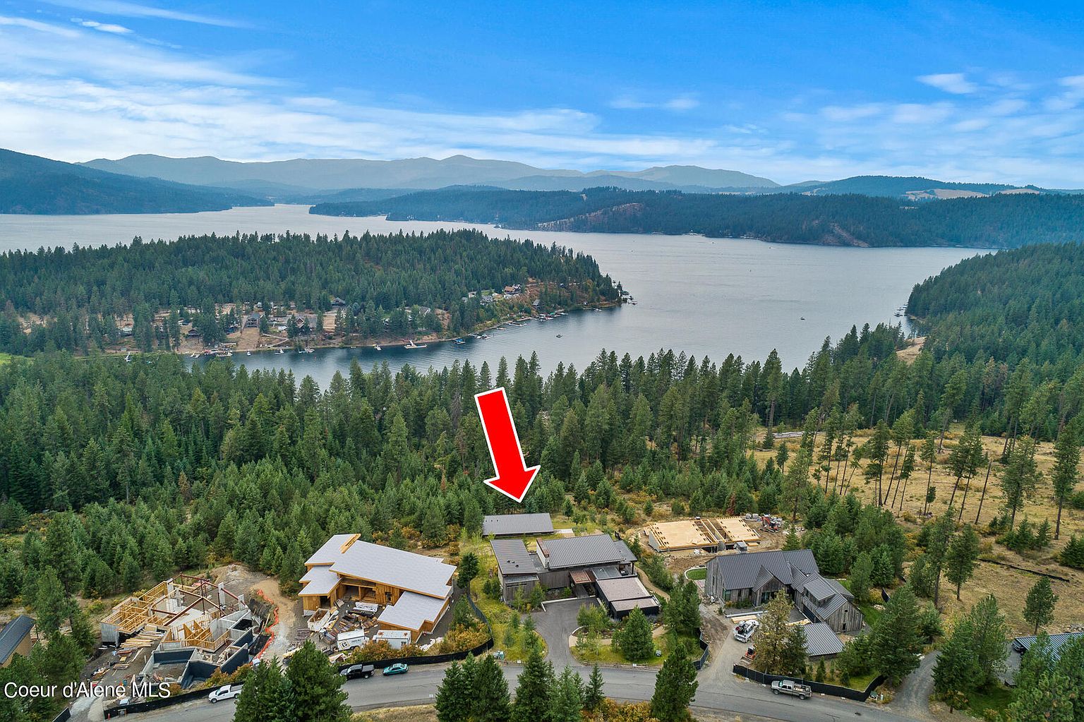 This aerial shot showcases a luxurious property nestled amidst lush greenery and overlooking a serene lake. The modern homes feature sleek architectural designs with dark roofs and well-manicured landscaping. The surrounding landscape includes dense forests and distant mountains, creating a picturesque and tranquil setting.