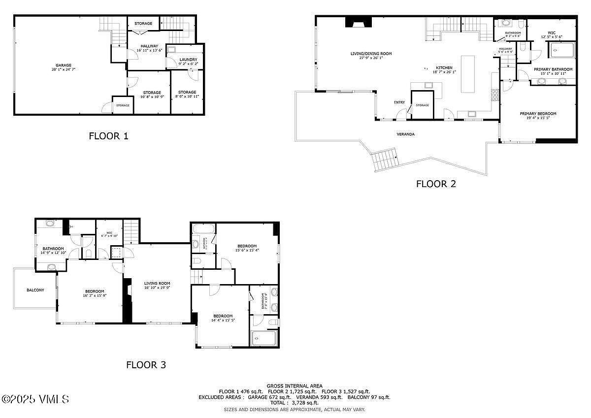 The image presents a detailed floor plan of a multi-story house, showcasing the layout of each floor. Floor 1 includes a garage, storage areas, a hallway, and a laundry room. Floor 2 features a living/dining room, kitchen, entry, storage, veranda, primary bedroom, primary bathroom, and walk-in closet. Floor 3 contains bedrooms, bathrooms, a living room, and a balcony.