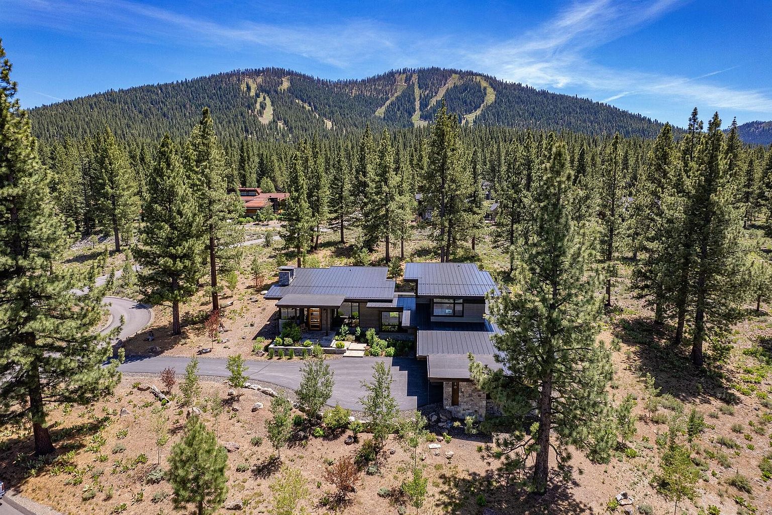 This aerial shot showcases a modern home nestled among tall pine trees, with a mountain visible in the background. The house features a dark metal roof and a contemporary design, blending seamlessly with the natural surroundings. A paved driveway leads to the property, enhancing its curb appeal and accessibility.