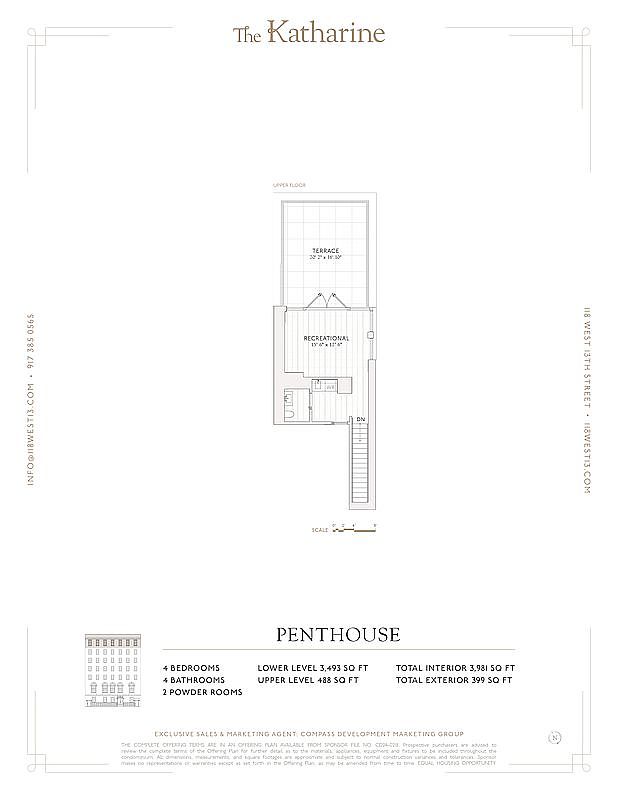 This image showcases the floor plan for a penthouse suite, featuring a recreational room, terrace, bedrooms, bathrooms, and powder rooms. The layout details the lower and upper levels, along with total interior and exterior square footage, providing a comprehensive view of the property's spatial arrangement and design.