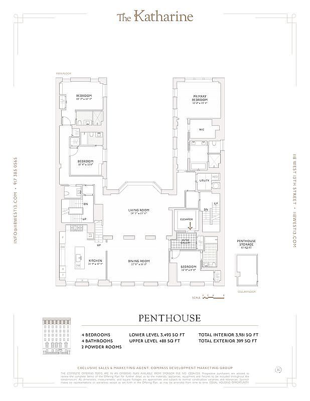 This image presents a detailed floor plan of a penthouse suite, showcasing the layout of rooms including bedrooms, living room, dining room, kitchen, and bathrooms. The plan also indicates total interior and exterior square footage, along with the number of bedrooms and bathrooms, providing a comprehensive overview of the property's spatial arrangement.