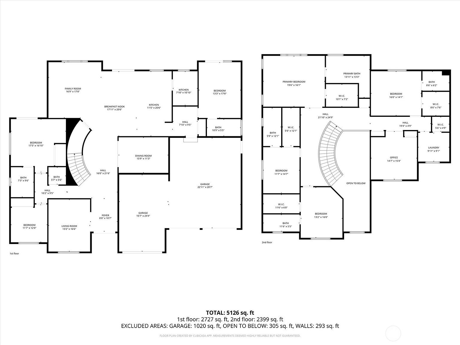 This image showcases a detailed floor plan of a two-story house, outlining the layout of rooms on both the first and second floors. The plan includes dimensions for each room, such as the living room, kitchen, bedrooms, bathrooms, and garage, providing a comprehensive overview of the property's spatial arrangement. The total square footage is noted, along with excluded areas like the garage and open-to-below spaces.