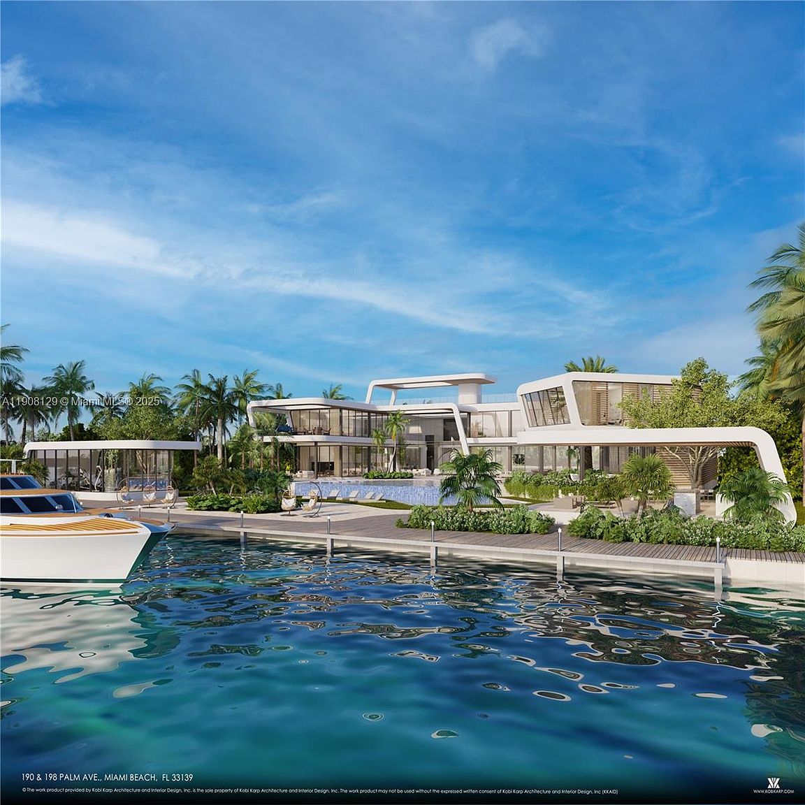 This image showcases the rear exterior of a modern waterfront property. The architectural design features clean lines, large windows, and a seamless integration with the outdoor space, including a pool and a private dock. Lush landscaping and palm trees enhance the tropical ambiance, creating a luxurious and inviting atmosphere.