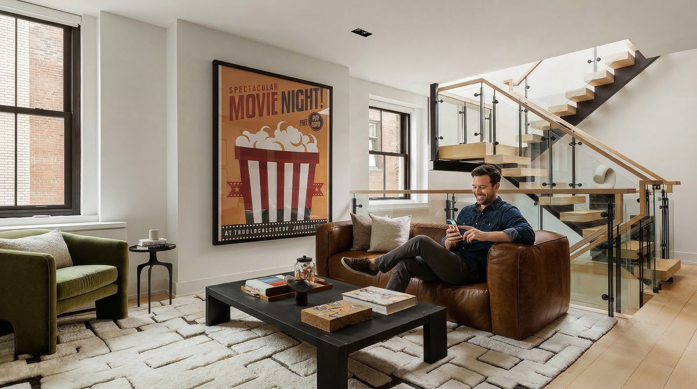This sophisticated, modern living room features a warm brown leather sofa, a vibrant, large-scale movie night poster as a focal point, and an olive-green accent chair. The space is anchored by a unique geometric rug and a sleek black coffee table, while an elegant, wood-and-glass open staircase adds architectural interest in the background. Abundant natural light from the large windows enhances the inviting and airy atmosphere of the residence.