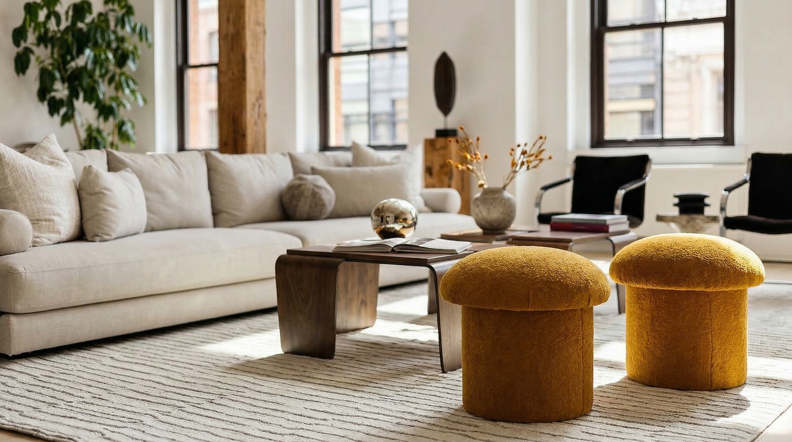 This living room features a spacious, modern neutral-toned sofa paired with a warm-toned wooden coffee table and distinctive textured, mushroom-shaped yellow ottomans. The room is bathed in natural light from large windows and is accented by a tall potted plant and minimalist decor to create a chic, upscale contemporary atmosphere. The cohesive color palette and clean lines make the space feel inviting, sophisticated, and well-curated.