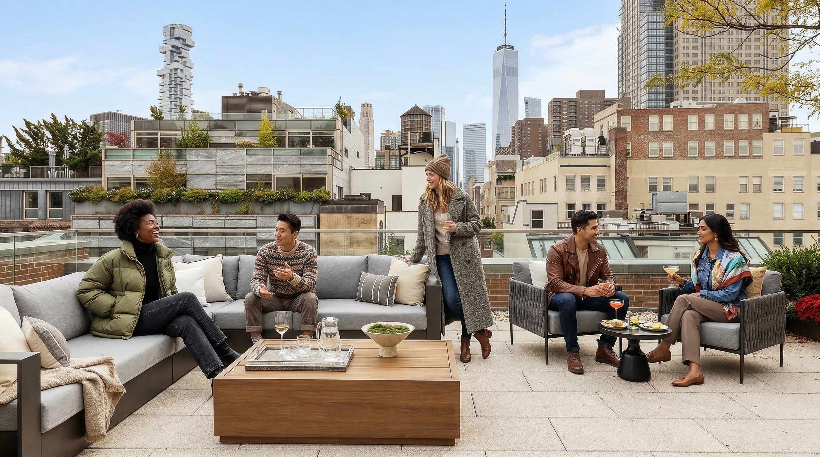 This spacious rooftop terrace offers a stunning, panoramic view of the New York City skyline, including One World Trade Center. The area is tastefully furnished with comfortable outdoor lounge seating and a modern, low-profile wooden coffee table, perfect for social gatherings. Its prime location and sophisticated urban aesthetic make it a highly desirable residential amenity for luxury living.