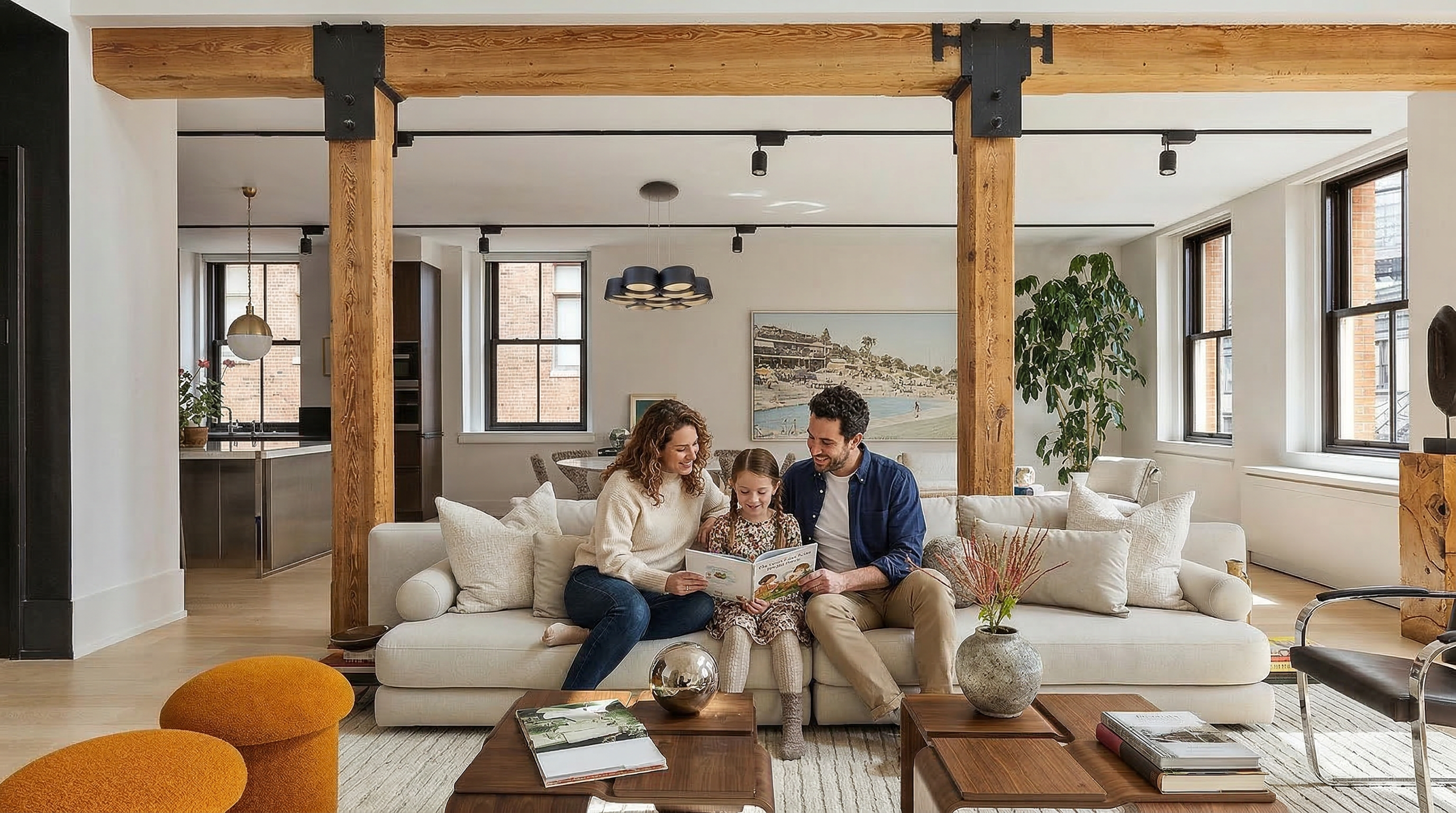 This is a spacious living room featuring exposed wooden beams and columns, creating a loft-like atmosphere. The room is furnished with a large, comfortable sectional sofa, modern coffee tables, and stylish accent chairs. Natural light floods the space through large windows, enhancing the warm and inviting ambiance.