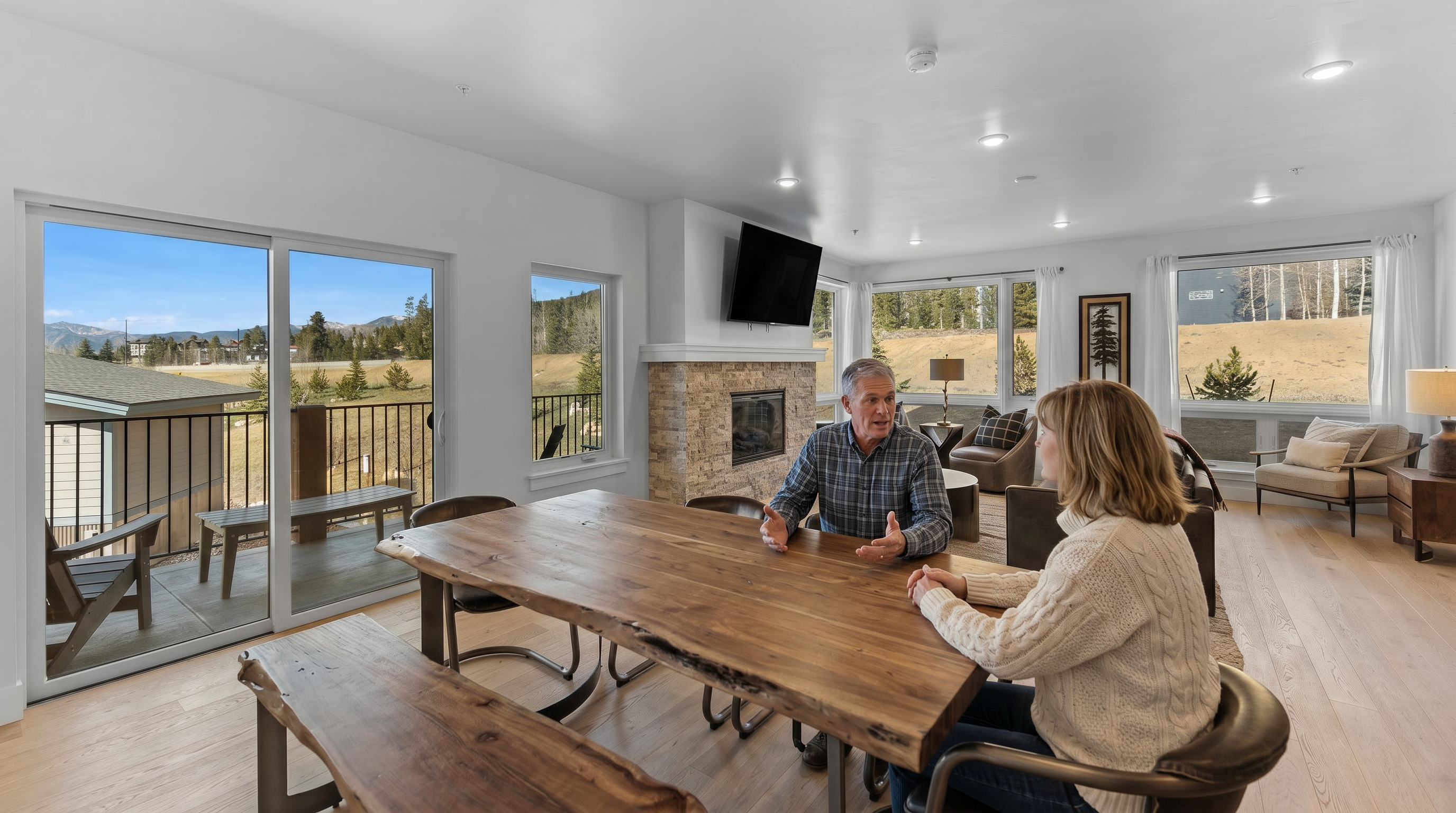 This open-concept living and dining area features a rustic live-edge wooden dining table in the foreground, leading into a cozy living space anchored by a stone fireplace and a mounted television. Large sliding glass doors provide seamless access to a balcony, framing expansive mountain views that flood the room with natural light. The interior design blends modern comfort with mountain-inspired aesthetics, utilizing warm wood tones and neutral furnishings to create an inviting atmosphere.