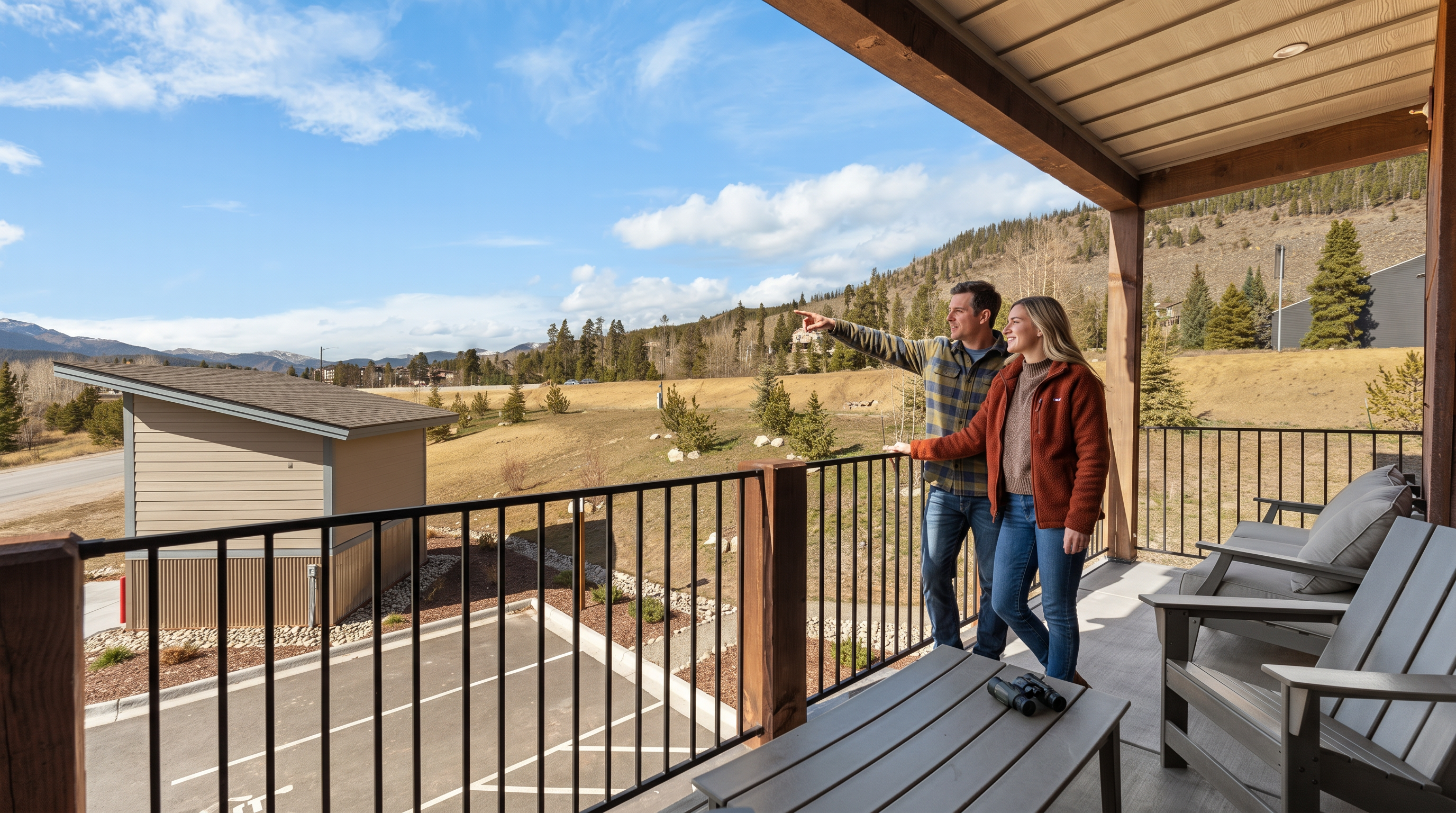 This elevated balcony offers a serene outdoor living space with comfortable Adirondack-style seating and a small table, perfect for enjoying the scenic mountain views. The space features a modern aesthetic with clean lines, a sturdy black metal railing, and a covered ceiling, overlooking a quiet parking area and a vast, grassy hillside. The perspective captures a peaceful, airy atmosphere that highlights the property's connection to the surrounding natural landscape.