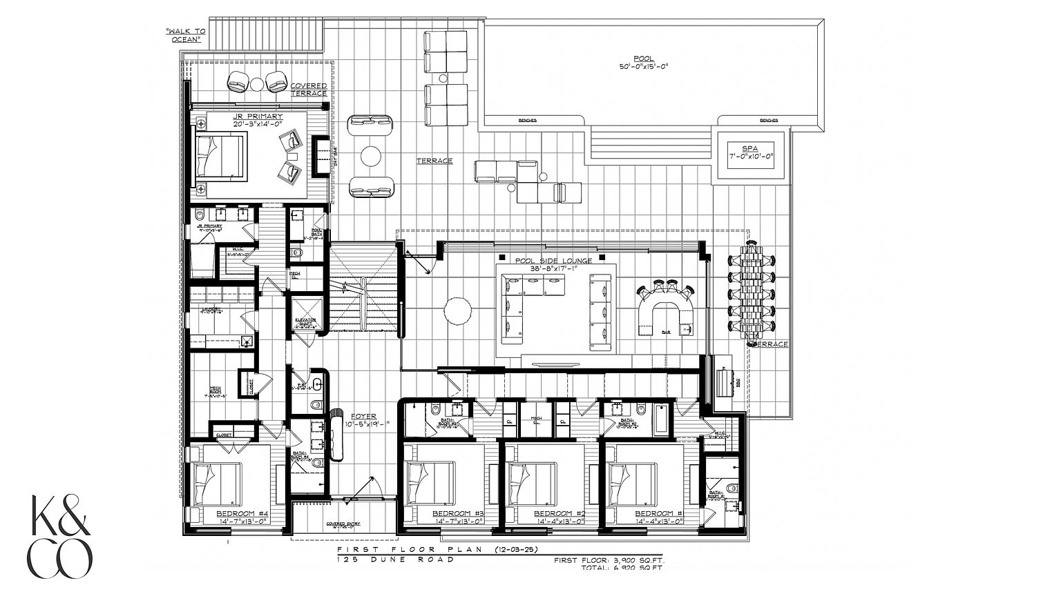 This image displays a detailed architectural floor plan for the first level of a luxury residence located at 125 Dune Road. The layout features multiple bedrooms, a spacious pool-side lounge, a large outdoor terrace with a pool and spa, and a dedicated path leading toward the ocean. The design emphasizes a seamless flow between indoor living areas and expansive exterior entertainment spaces.