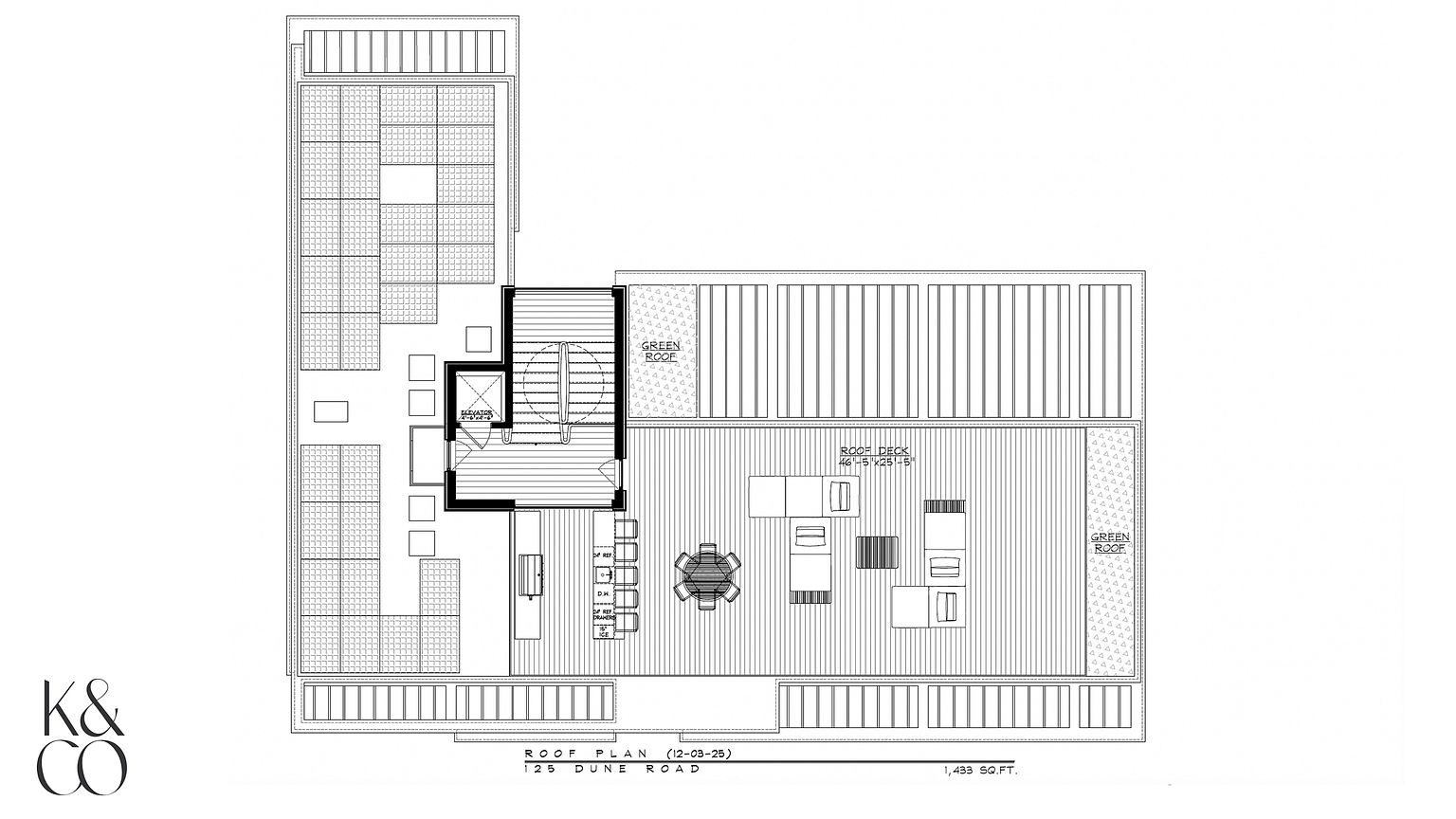 This image is a detailed architectural roof plan for a property located at 125 Dune Road. The layout illustrates a spacious roof deck featuring a green roof area, an elevator access point, and a designated outdoor kitchen space with various appliances. The schematic provides a clear top-down perspective of the structural arrangement and outdoor living amenities.