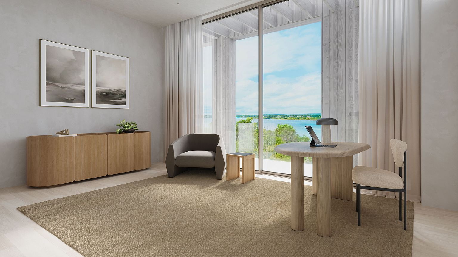 This serene home office features a minimalist design with a light wood desk, a matching sideboard, and a comfortable armchair. Large floor-to-ceiling windows provide an expansive, unobstructed view of a tranquil lake and lush greenery, bathing the room in natural light. The neutral color palette and clean lines create a sophisticated, peaceful workspace perfect for focused productivity.