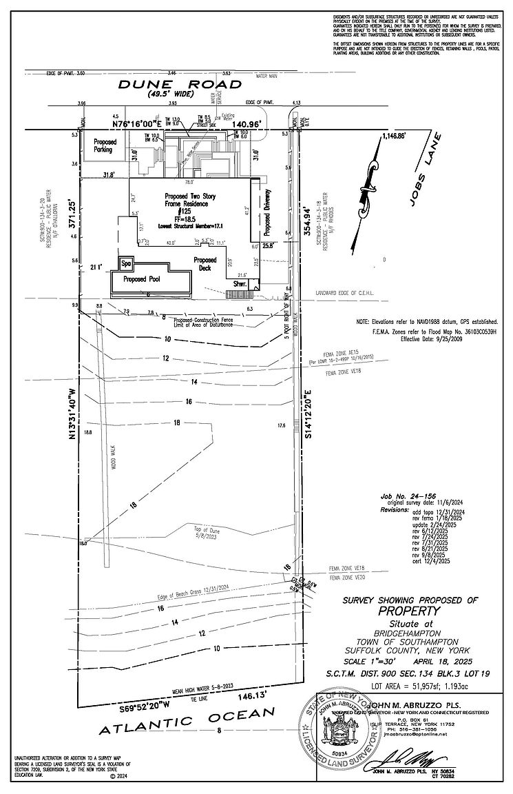 This image is a detailed land survey map for a property located in Bridgehampton, New York, showing the proposed site plan for a two-story residence. The technical drawing illustrates the layout of the house, a proposed pool and spa, a deck, and a driveway, all situated on a lot extending from Dune Road to the Atlantic Ocean. It includes topographical contour lines, property boundaries, and various regulatory zones, providing a comprehensive overview of the site's development potential.