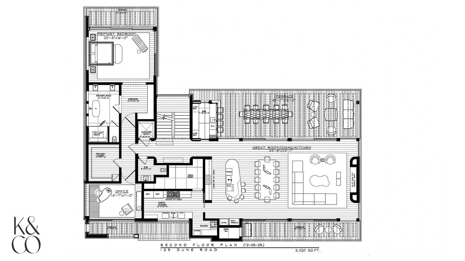 This image is a detailed architectural floor plan for the second floor of a residence located at 125 Dune Road. The layout features a spacious great room with an integrated kitchen and dining area, a primary bedroom suite with a dressing room and bath, an office, and multiple terrace spaces. The design emphasizes an open-concept living area and seamless indoor-outdoor flow, with clear markings for appliances, cabinetry, and structural elements.