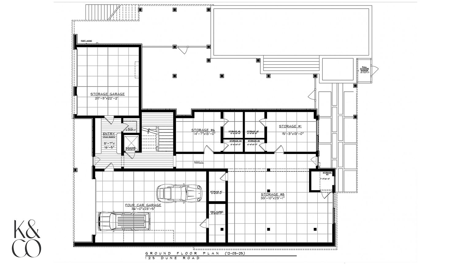 This image displays a detailed architectural ground floor plan for a property located at 125 Dune Road. The layout features a large four-car garage, multiple storage rooms, an entry mudroom, and an elevator, all organized around a central hall. The technical drawing provides precise dimensions for each space, illustrating a functional and spacious ground-level configuration.