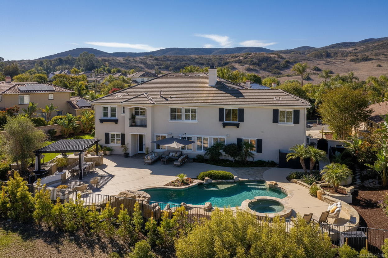 This image showcases the rear exterior of a two-story home, highlighting its backyard amenities. A large swimming pool with an integrated spa is the focal point. The property also features a covered patio area, manicured landscaping, and views of the surrounding hills, enhancing its appeal as a luxurious outdoor space.