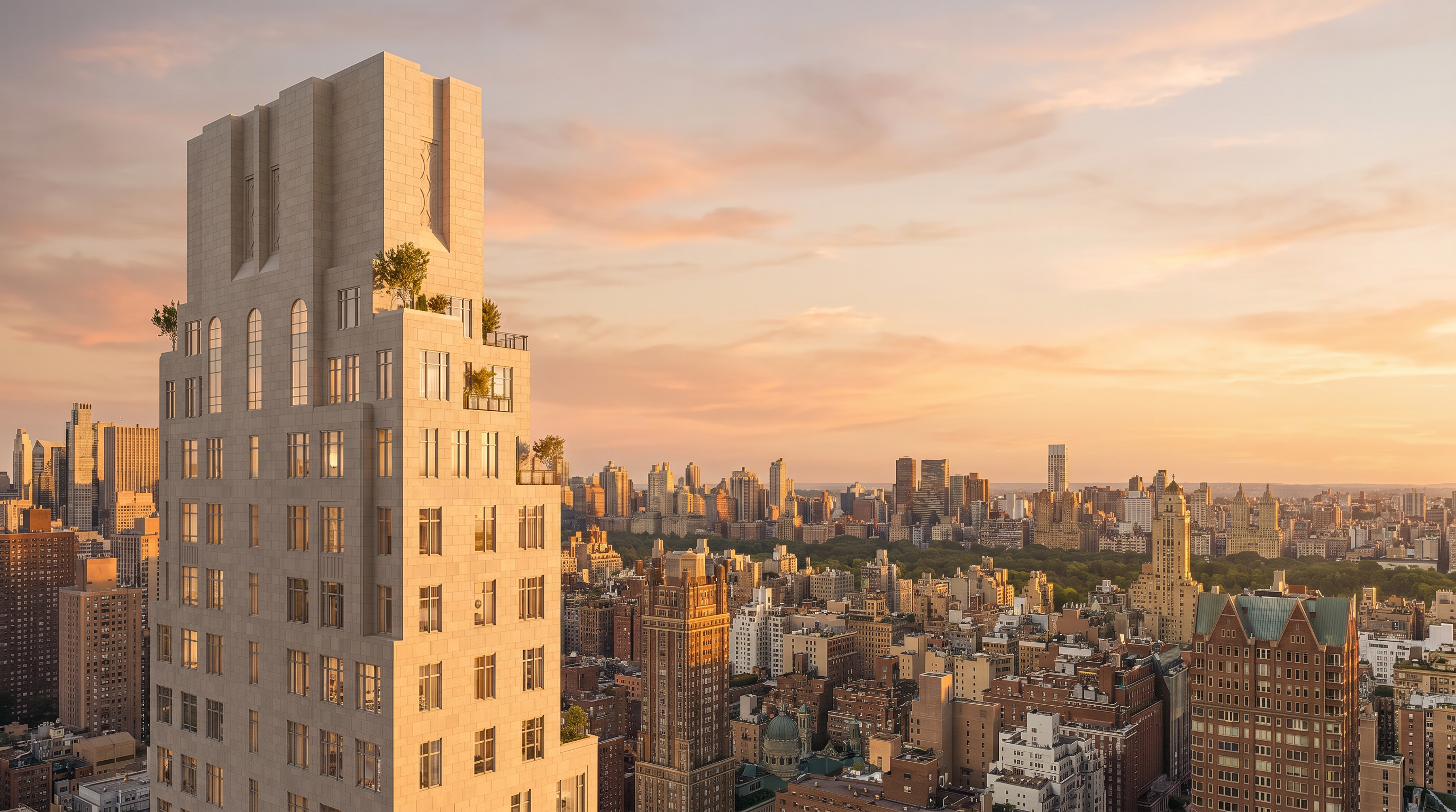 This image showcases a sophisticated, light-stone high-rise residential building in a dense urban setting, captured during a beautiful golden hour sunset. The architectural design features tiered setbacks with integrated terraces and greenery, commanding an impressive vantage point overlooking a sprawling cityscape and nearby park. The scene conveys a sense of luxury, exclusivity, and modern architectural elegance.