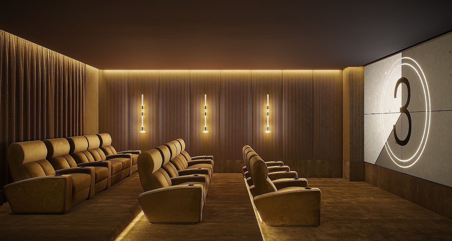 This image showcases a luxurious, dedicated home cinema room featuring tiered rows of plush, velvet-upholstered theater seating. The space is characterized by warm, ambient cove lighting, vertical wall paneling, and a large projection screen displaying a countdown timer. The overall aesthetic is sophisticated and moody, designed to provide an immersive and high-end entertainment experience.