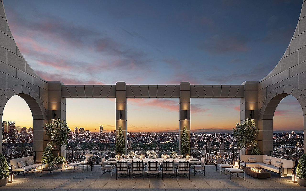 This luxurious, high-rise rooftop terrace offers a sophisticated outdoor dining and lounge area with panoramic views of the city skyline at sunset. The space is framed by elegant stone arches and features a long, formal dining table, plush seating arrangements, and integrated fire pits. The cinematic perspective captures the grandeur of the architecture against the backdrop of a vibrant, twilight urban landscape.