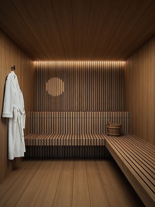 This image showcases a minimalist, high-end sauna interior characterized by warm, vertical wood paneling and integrated ambient lighting. The space features a tiered bench design, a wooden bucket with a ladle, and a white bathrobe hanging on the wall, creating a serene and luxurious spa-like atmosphere. The perspective is centered and symmetrical, emphasizing the clean lines and sophisticated craftsmanship of the sauna.