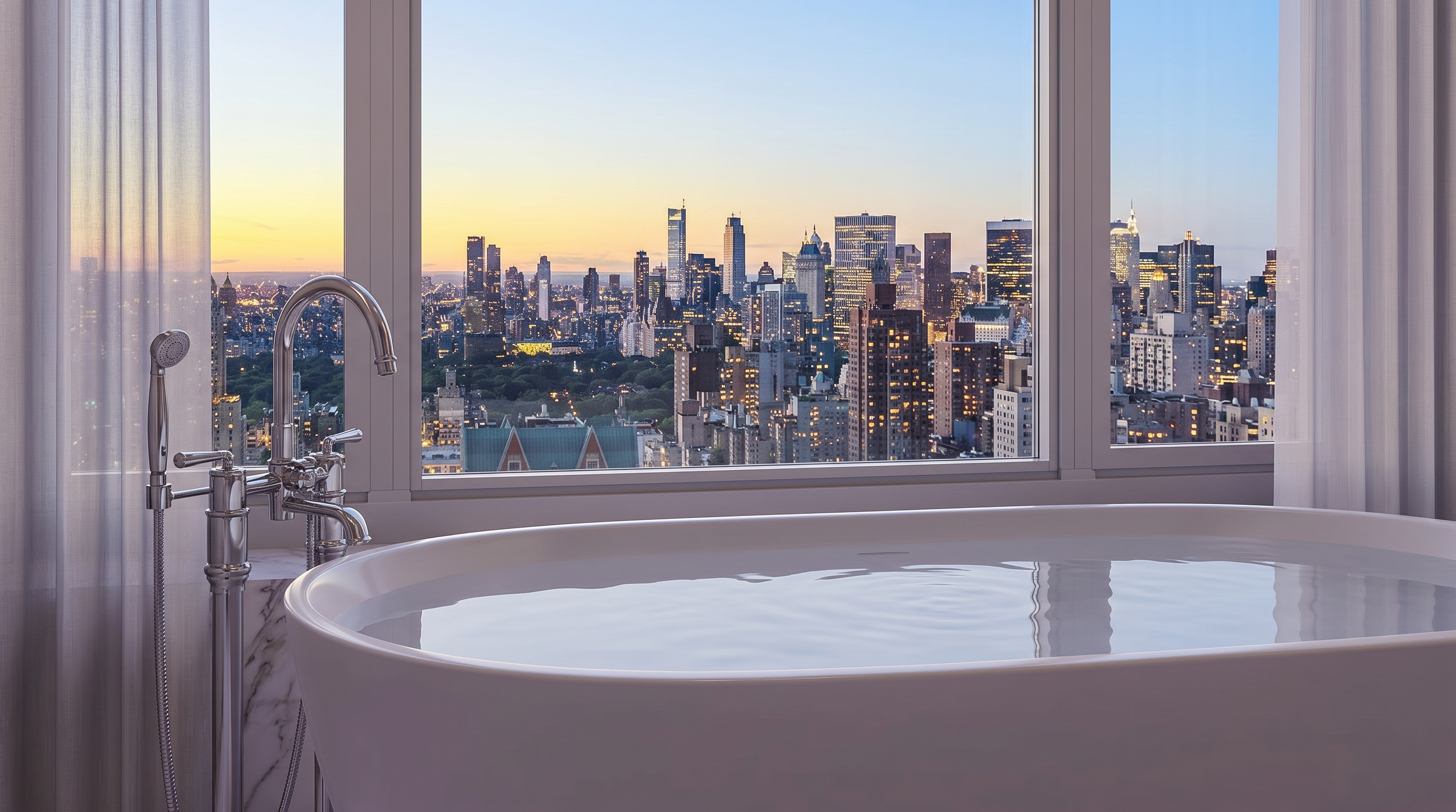 This luxurious primary bathroom features a sleek, freestanding soaking tub positioned directly in front of a massive floor-to-ceiling window that offers a breathtaking, panoramic view of a city skyline at dusk. The room is framed by elegant, sheer floor-to-ceiling curtains and finished with high-end marble flooring, creating a serene and sophisticated atmosphere. The perspective is centered and symmetrical, emphasizing the dramatic contrast between the tranquil interior and the vibrant urban landscape outside.