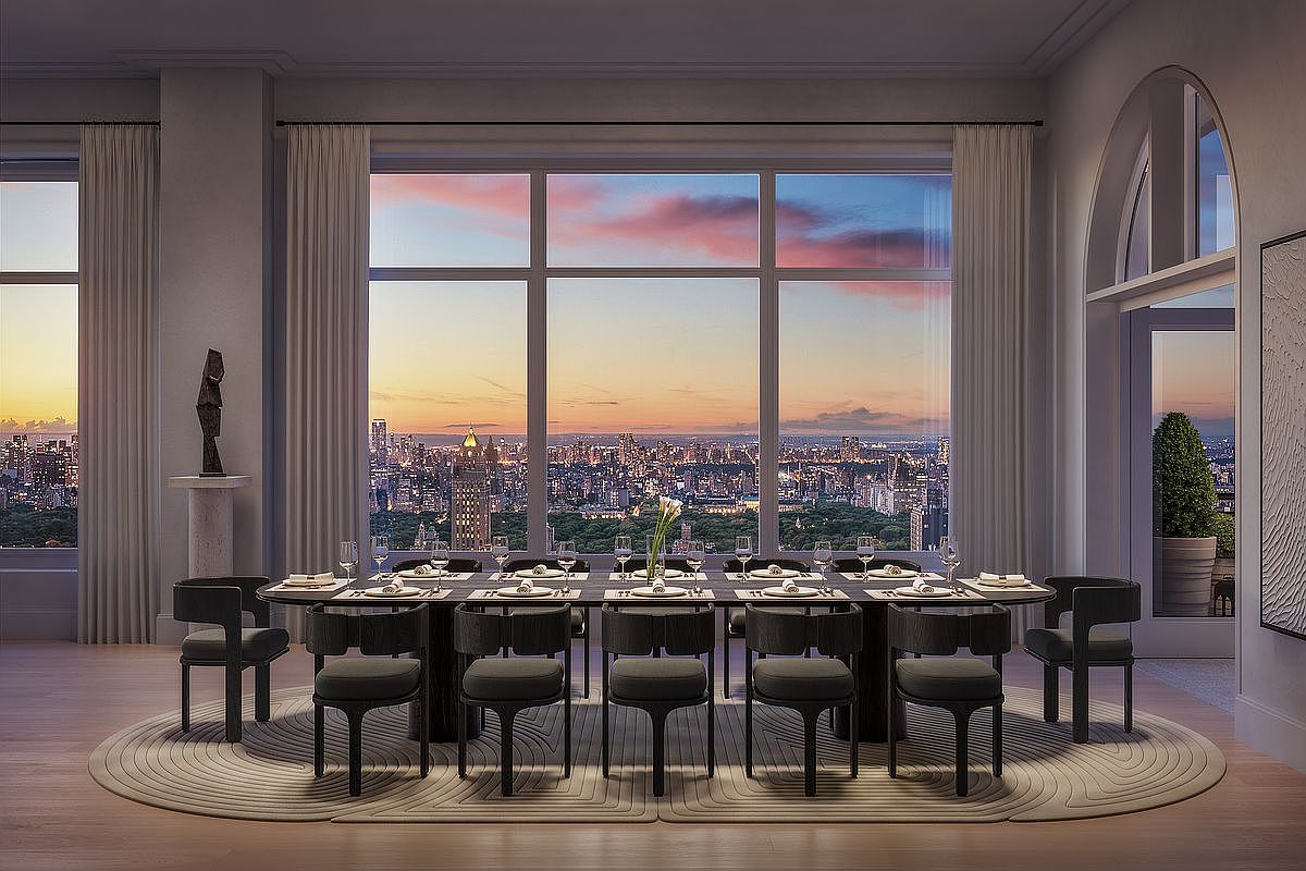 This sophisticated dining room features a long, dark wood table surrounded by modern, minimalist chairs, all set atop a textured, oval-shaped area rug. The room is anchored by a massive floor-to-ceiling window that frames a breathtaking, panoramic sunset view of the city skyline and a lush park. The overall aesthetic is one of refined luxury and contemporary elegance, designed to emphasize the dramatic urban backdrop.