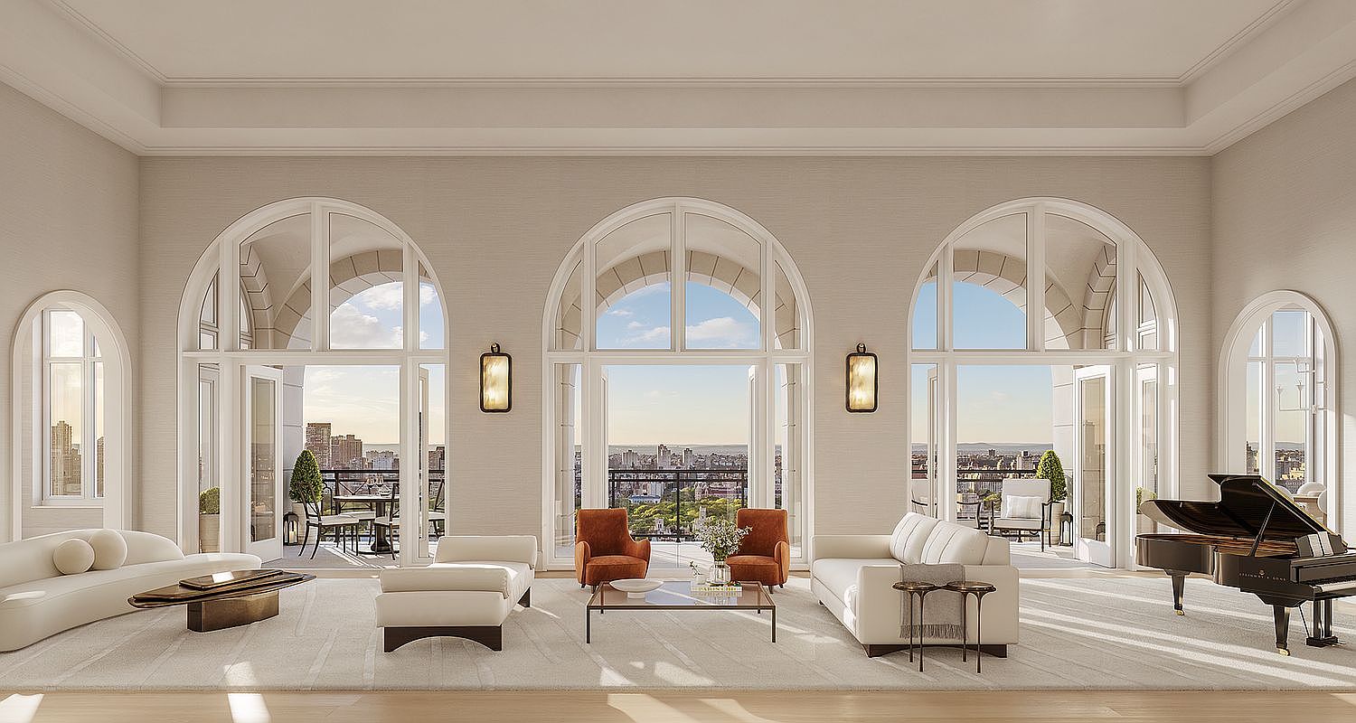 This expansive, high-ceilinged living room exudes luxury with its symmetrical layout, featuring a grand piano, plush white sofas, and vibrant orange accent chairs. Three massive arched floor-to-ceiling windows serve as the focal point, framing breathtaking panoramic city views and opening onto private balconies. The sophisticated design is complemented by a neutral color palette, elegant wall sconces, and a large area rug, creating an atmosphere of refined elegance and airy openness.