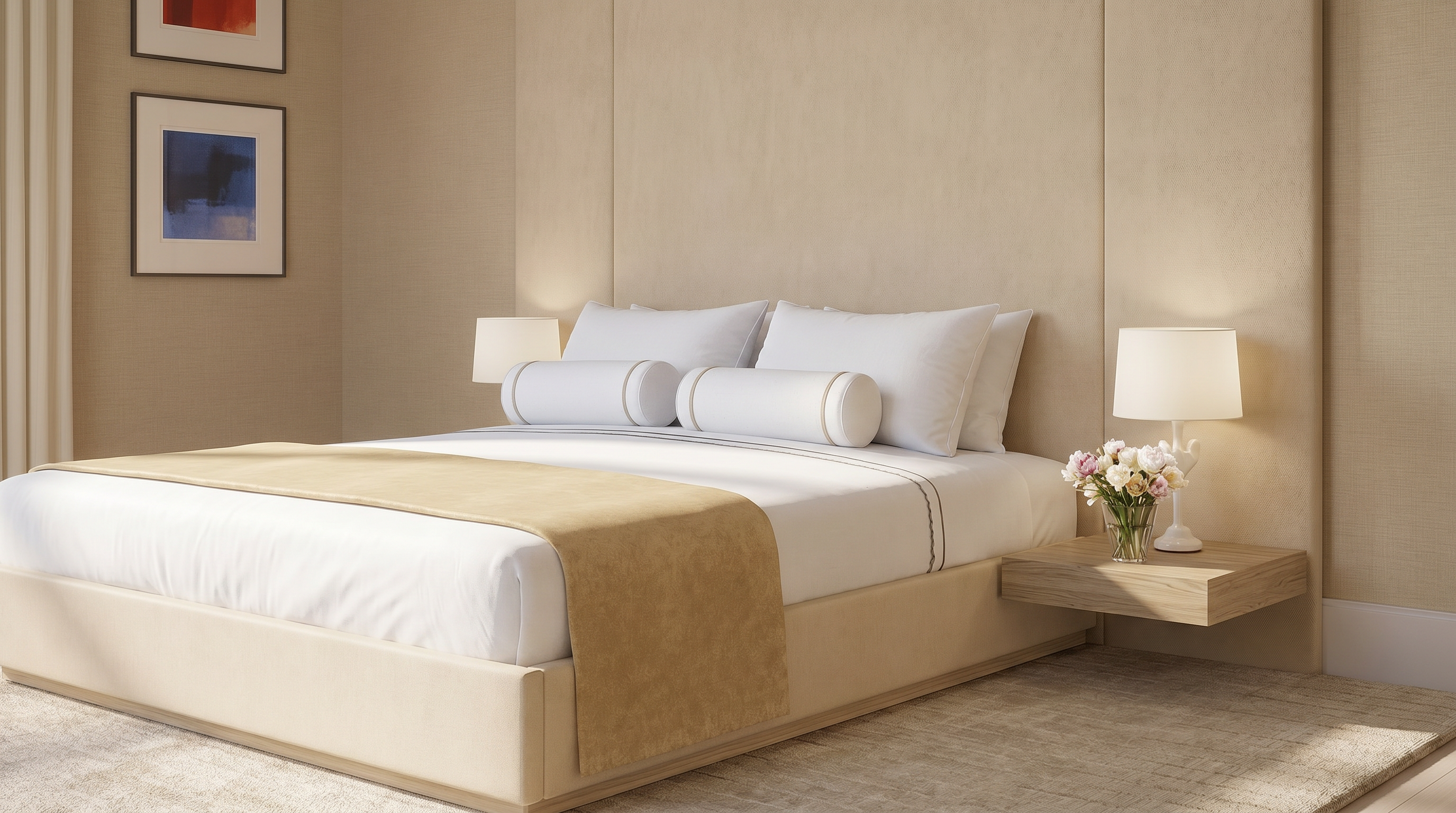A serene and sophisticated primary bedroom featuring a large upholstered headboard that spans the width of the wall. The space is anchored by a neutral color palette, a minimalist floating wooden nightstand, and elegant accent lighting. A tasteful floral arrangement and framed artwork enhance the room's high-end, contemporary aesthetic.