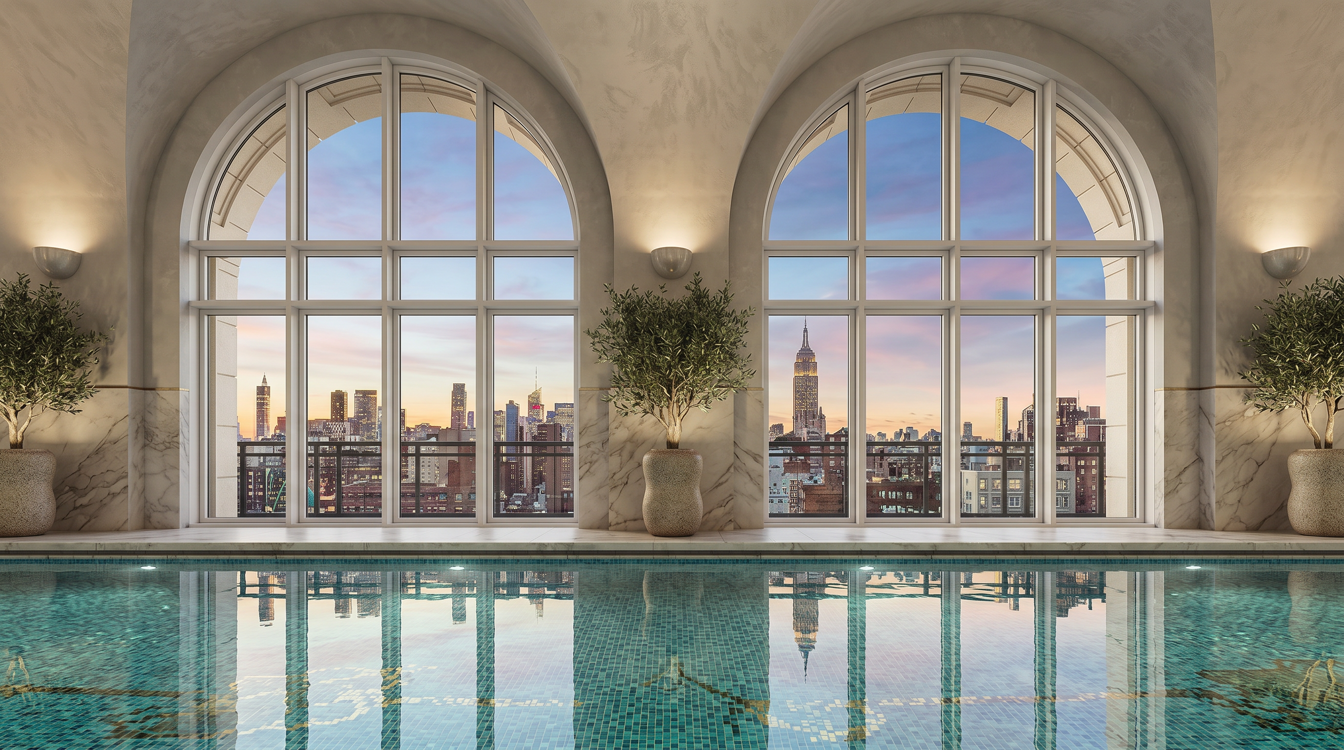 This luxurious indoor swimming pool area offers a sophisticated, high-end design with floor-to-ceiling arched windows capturing panoramic views of the city skyline, including the Empire State Building. Marble detailing throughout the space pairs elegantly with potted olive trees, creating a serene and exclusive atmosphere. The reflection of the cityscape on the crisp, blue tiled water adds a dramatic focal point, highly appealing for premium residential listings.