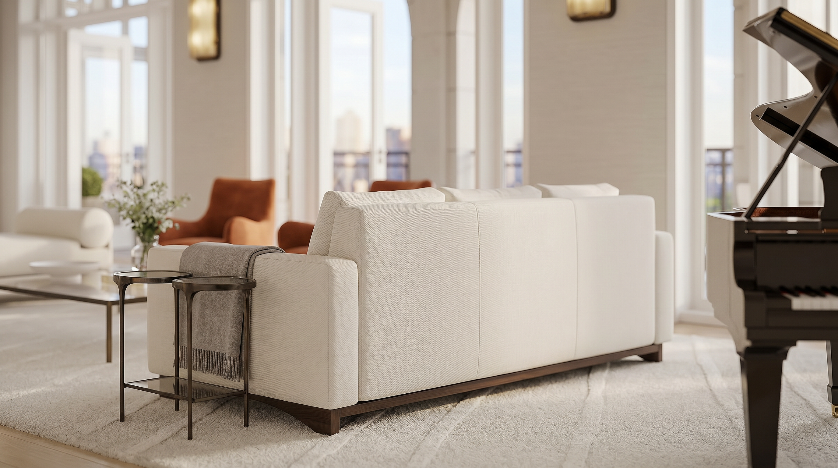 This elegant and spacious living room features a contemporary minimalist design anchored by a plush, off-white sofa and a grand piano. High ceilings with tall, arched windows flood the space with natural light, offering expansive views of the city skyline. Refined touches, such as a layered area rug and strategic side tables, contribute to an atmosphere of sophisticated luxury and comfort.