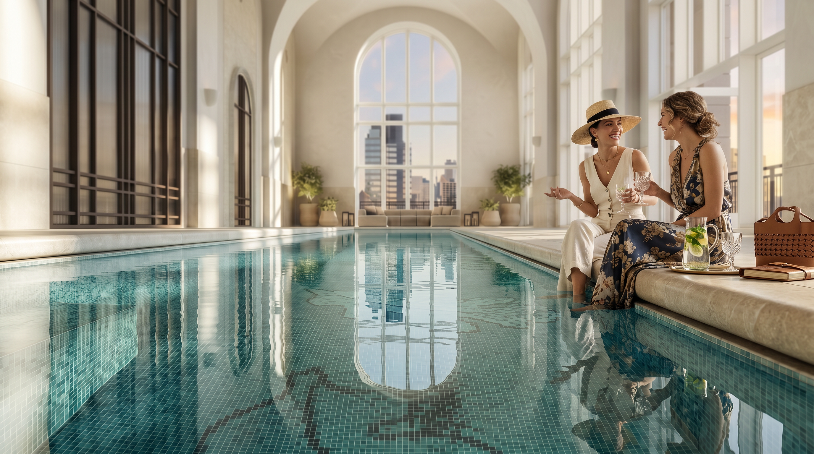 This luxurious indoor swimming pool features a stunning vaulted ceiling with arched architectural details and floor-to-ceiling windows that flood the space with natural light. The pool itself is adorned with intricate mosaic tile work, creating a serene and sophisticated atmosphere. The perspective is a centered, symmetrical shot looking down the length of the pool, emphasizing the grand scale and elegant design of this high-end amenity.