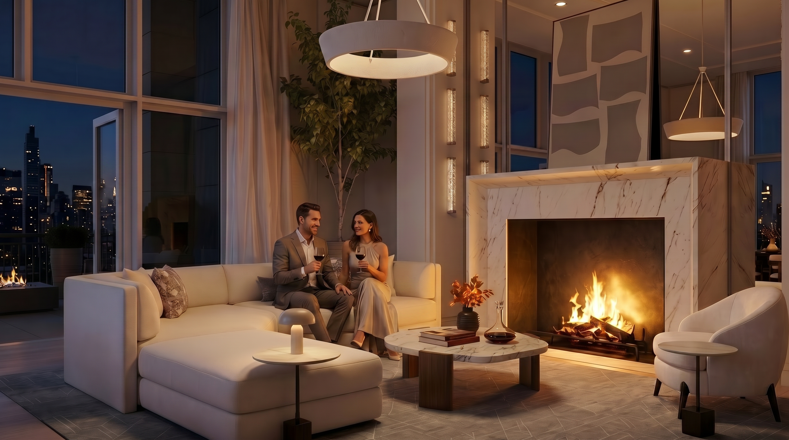 This sophisticated, contemporary living room features a sleek marble fireplace as its focal point, complemented by a large, comfortable L-shaped sofa and an accent chair. The space is illuminated by warm, ambient lighting fixtures and floor-to-ceiling windows that reveal a stunning urban skyline view. An open floor plan and high-end finishes create an inviting, luxurious atmosphere ideal for evening relaxation.
