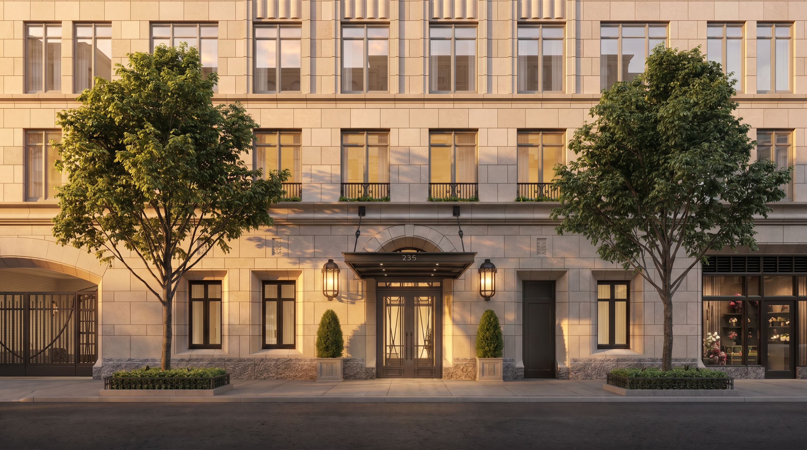 This image showcases the refined entryway of a luxury apartment building, featuring a stately stone facade and a symmetrical architectural design. A dark metal canopy shelters the double glass doors, flanked by elegant lanterns, manicured topiary plants, and two lush trees, creating an inviting and sophisticated street-level aesthetic.