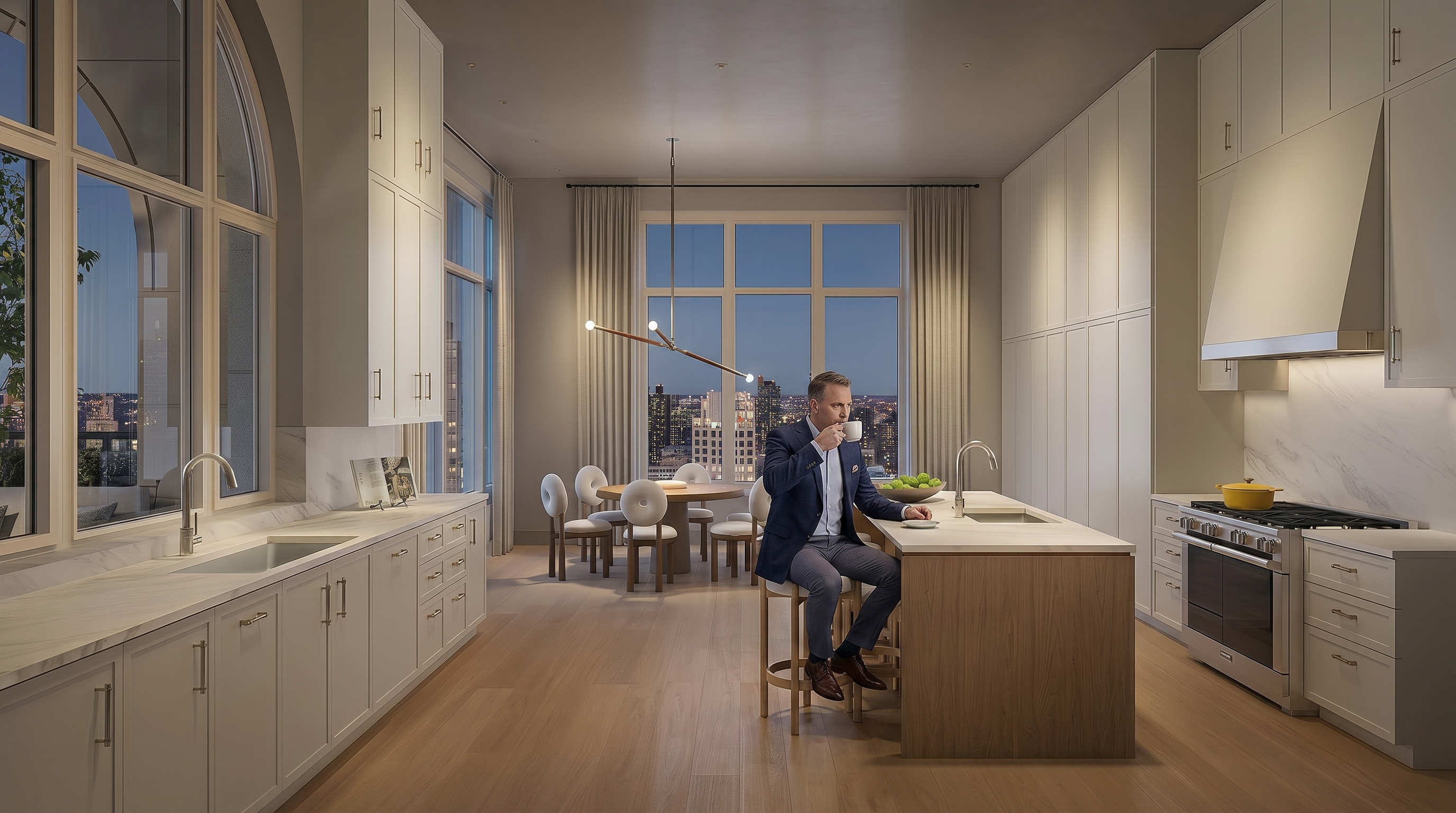 This sophisticated, modern kitchen features a spacious island with wood-finished cabinetry and a light stone countertop, complemented by sleek white upper and lower cabinets. The space is illuminated by warm recessed and statement pendant lighting, while large windows provide an expansive view of the city skyline. A professional-grade gas range and premium finishes contribute to an elegant, high-end residential atmosphere.