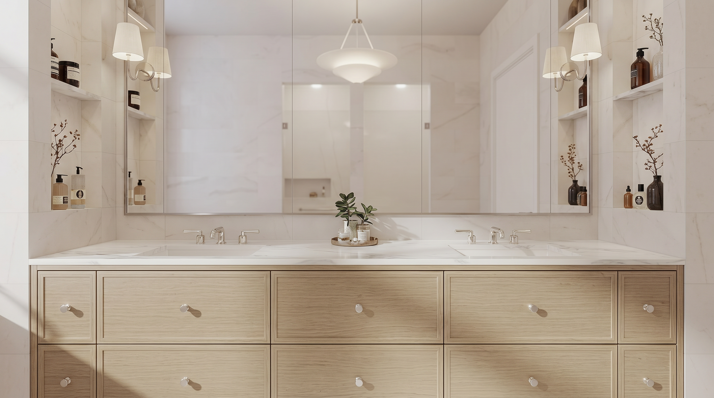 This elegant primary bathroom features a double vanity with light wood cabinetry, marble countertops, and a large, seamless wall-to-wall mirror. The space is illuminated by a sophisticated pendant light and wall sconces, complemented by recessed shelving on either side for organized storage. The overall aesthetic is clean, bright, and luxurious, with a neutral color palette and high-end finishes.