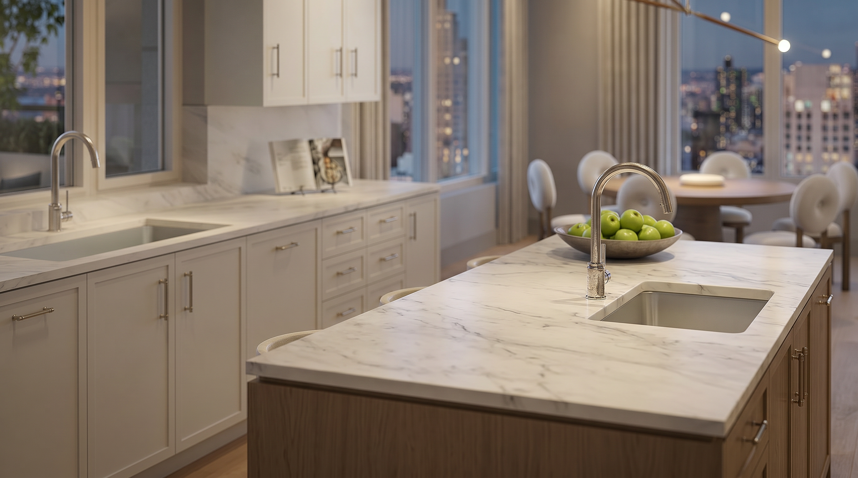 This sophisticated kitchen features elegant white shaker-style cabinetry complemented by warm wood finishes on the island base. The space is highlighted by marble-look countertops, high-end chrome fixtures, and a bowl of green apples that add a vibrant touch of color. Large windows reveal a stunning cityscape in the background, creating a bright, airy atmosphere typical of a luxury urban residence.