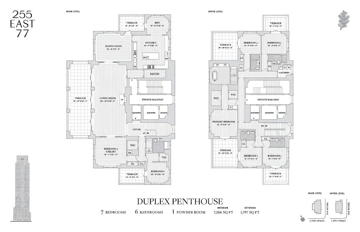 This image is a detailed architectural floor plan for a luxury duplex penthouse, showcasing both the main and upper levels. It features a spacious layout with seven bedrooms, multiple terraces, a library, and extensive living areas, all presented in a clean, technical top-down view. The design emphasizes high-end urban living with clear demarcations for private hallways, elevators, and service areas.