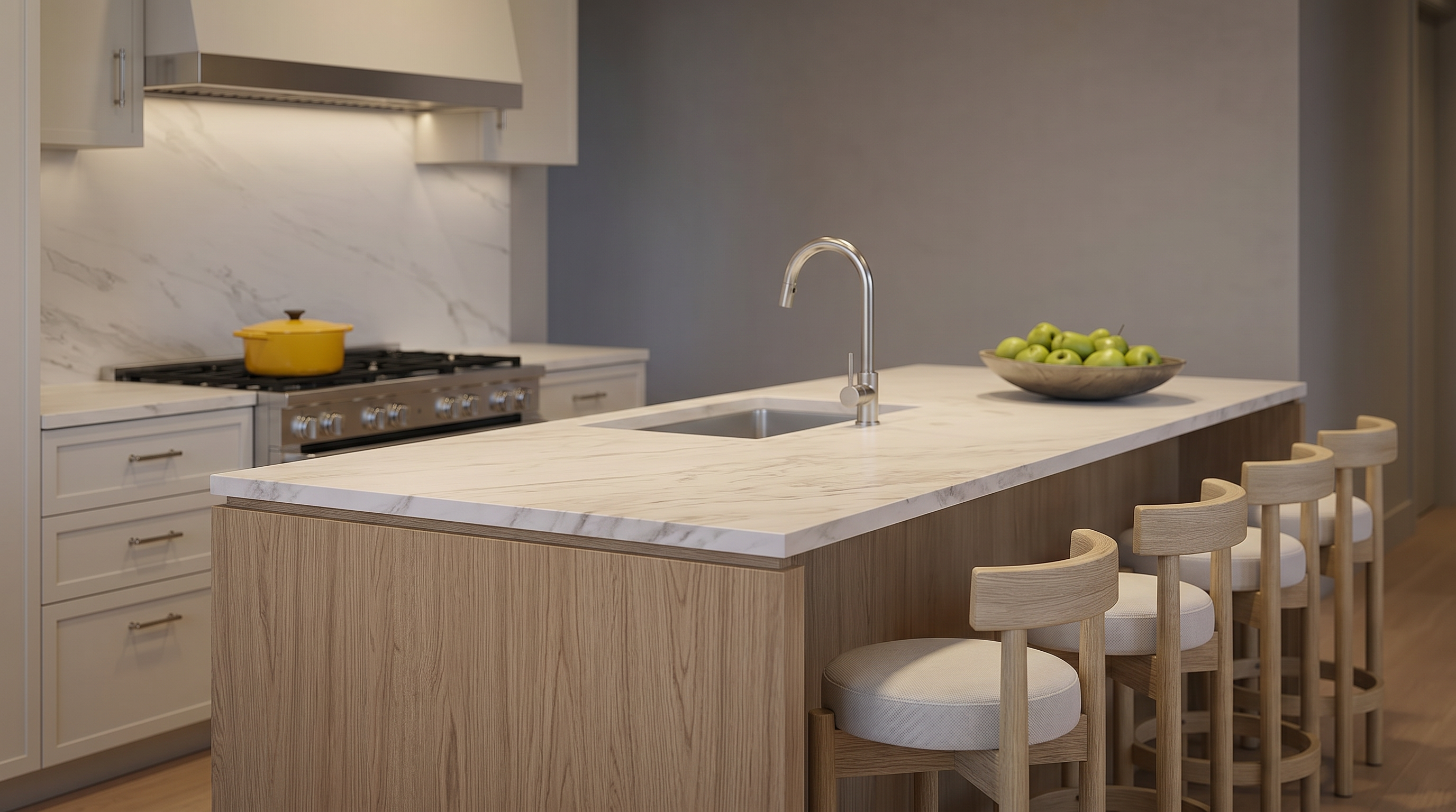 This kitchen features a clean, contemporary design with a prominent wooden island topped by a white marble-veined countertop and a single-basin sink. It is equipped with custom white cabinetry, a high-end gas range with a stainless steel vent hood, and a set of matching light oak stools. The space feels bright and sophisticated, offering a highly functional layout that blends natural wood textures with elegant stone finishes.