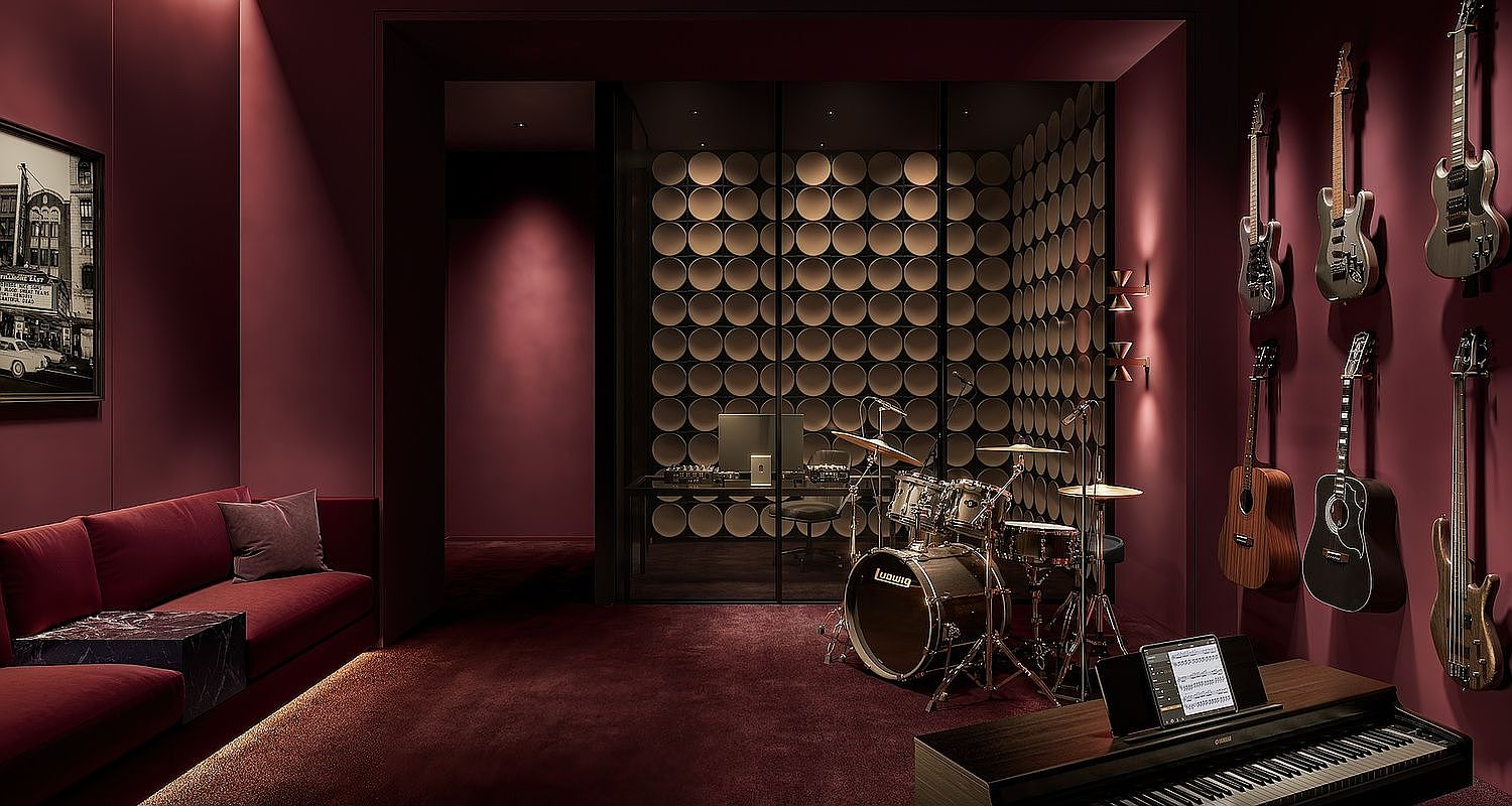 This sophisticated, monochromatic music studio features a deep burgundy color palette, a plush velvet sofa, and a dedicated drum kit set against a textured, circular-patterned acoustic wall. The room is adorned with a collection of guitars mounted on the wall and a digital piano in the foreground, creating a professional yet intimate atmosphere. The cinematic perspective captures the entire creative space, highlighting the luxurious textures and high-end musical equipment.