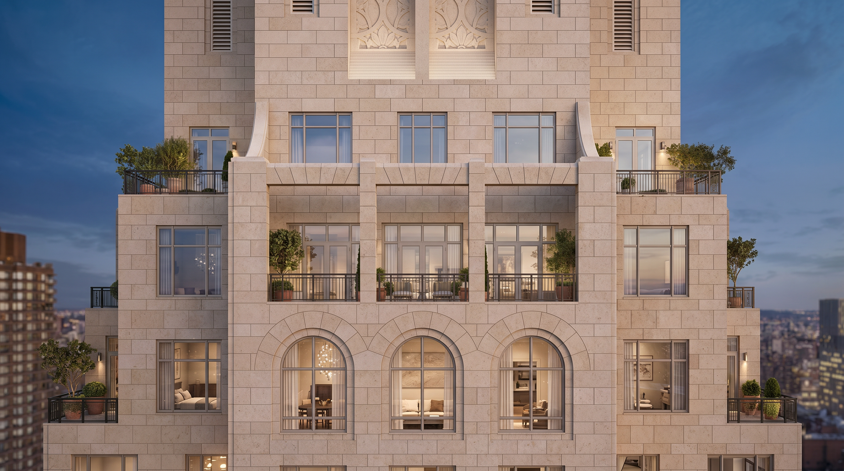 This image showcases the detailed limestone facade of a luxury high-rise condominium, highlighting its sophisticated classical architectural features including arched windows, decorative stonework, and multiple levels of private balconies. The exterior design incorporates symmetrical layouts and integrated planters filled with greenery, providing an elegant and upscale urban aesthetic. The late afternoon lighting emphasizes the textured, high-quality masonry and the refined character of this premium residential property.