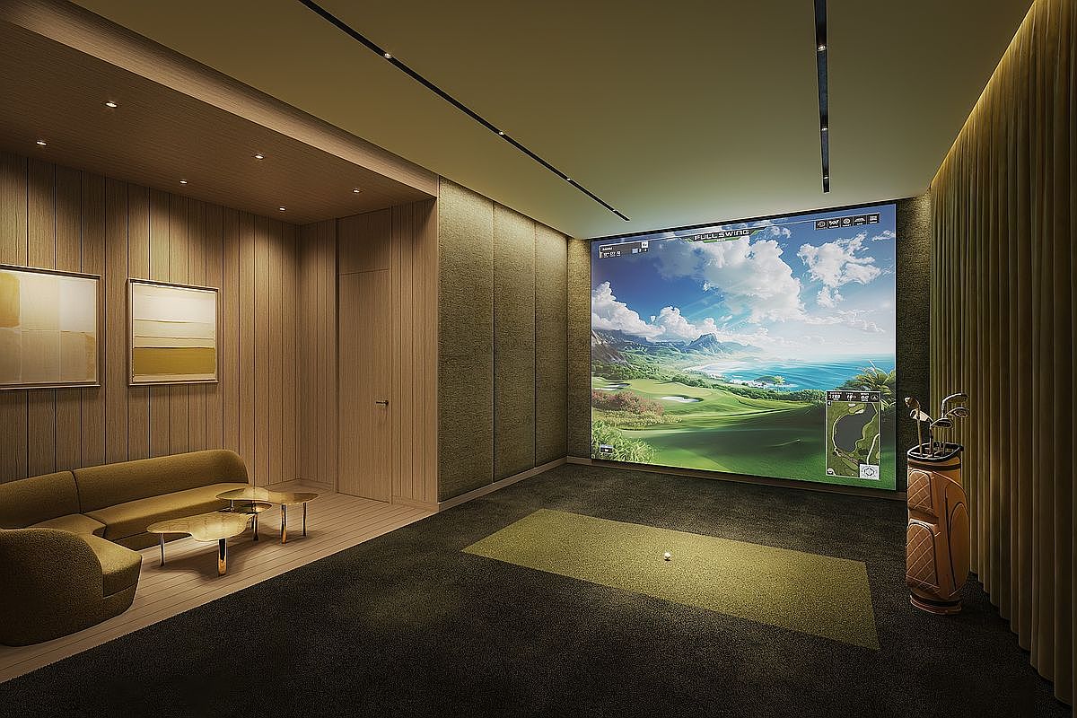 This sophisticated indoor golf simulator room features a large, high-definition screen displaying a lush virtual course, complemented by a dedicated putting mat and a golf bag. To the side, a plush, curved sofa and nested coffee tables provide a comfortable lounge area, all set against elegant wood-paneled walls and soft ambient lighting. The space exudes a luxurious, modern aesthetic, perfect for high-end recreational entertainment.