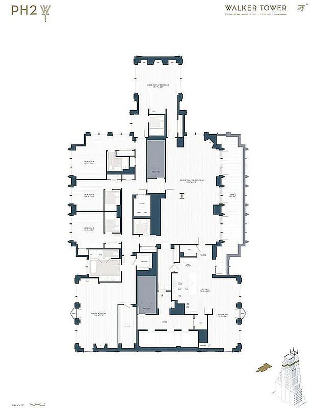 This image is a detailed architectural floor plan for a luxury penthouse unit, labeled PH2 at Walker Tower. The layout illustrates a spacious, multi-room residence featuring a primary bedroom, multiple guest bedrooms, a large central living area, and a kitchen, all oriented around a central core. The schematic provides a clear, top-down perspective of the unit's spatial organization and flow.