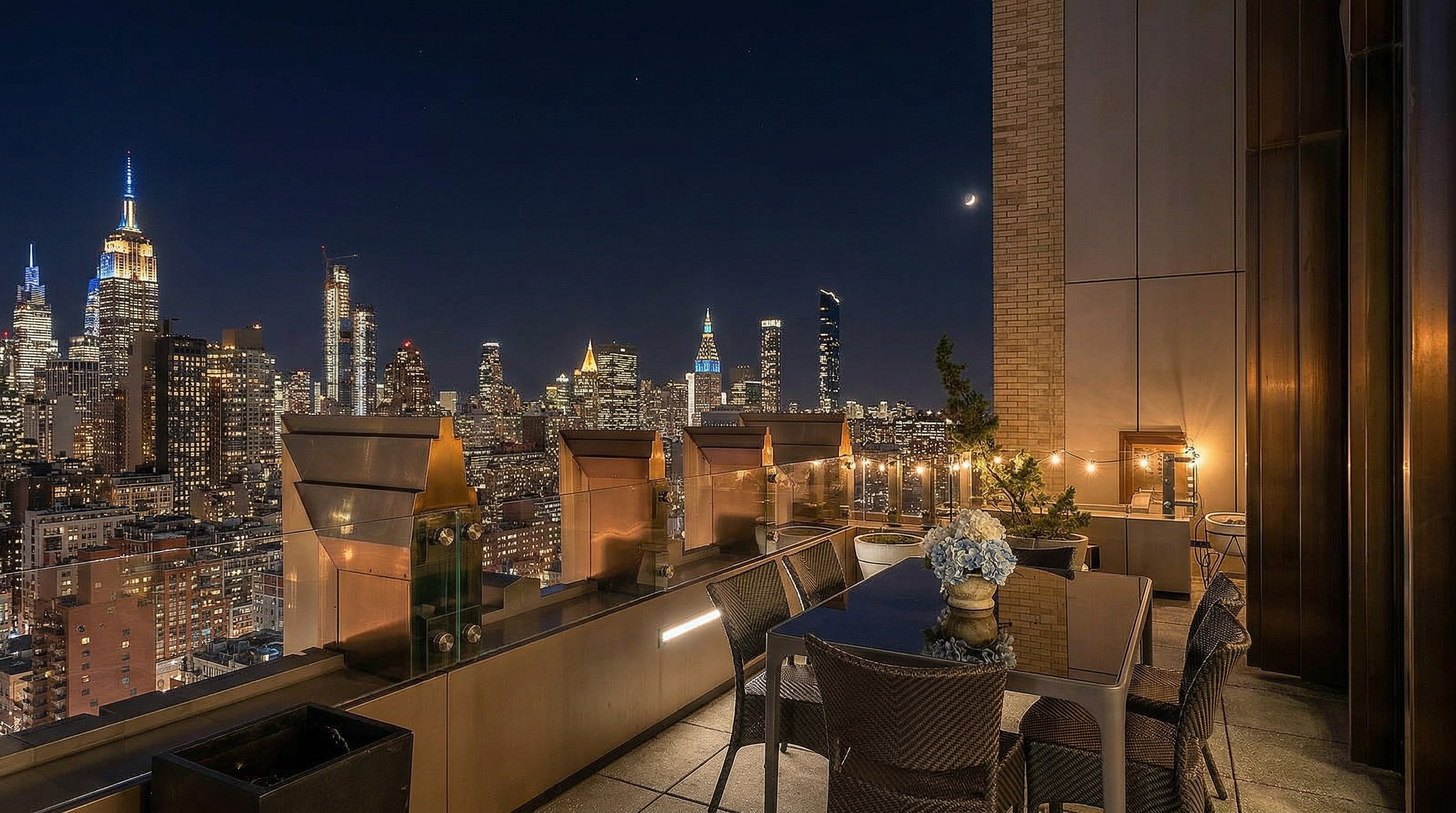This sophisticated high-rise terrace offers a stunning, unobstructed panoramic view of the New York City skyline at night, including the iconic Empire State Building. Equipped with a sleek outdoor dining set and ambient string lighting, the balcony provides an elegant and intimate setting for entertaining. The modern glass and metal railing design enhances the luxurious contemporary feel of this elevated urban retreat.