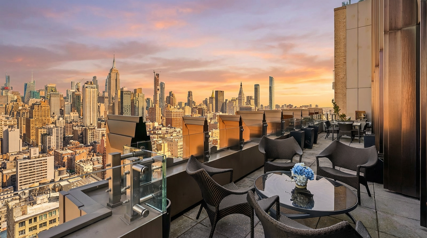 This stunning high-rise balcony offers panoramic sunset views of the iconic New York City skyline. The space is elegantly furnished with modern woven outdoor armchairs and a glass-topped table, perfect for sophisticated relaxation or entertaining. The sleek architectural design, featuring metal accents and glass railings, highlights the luxury and premium nature of this urban retreat.