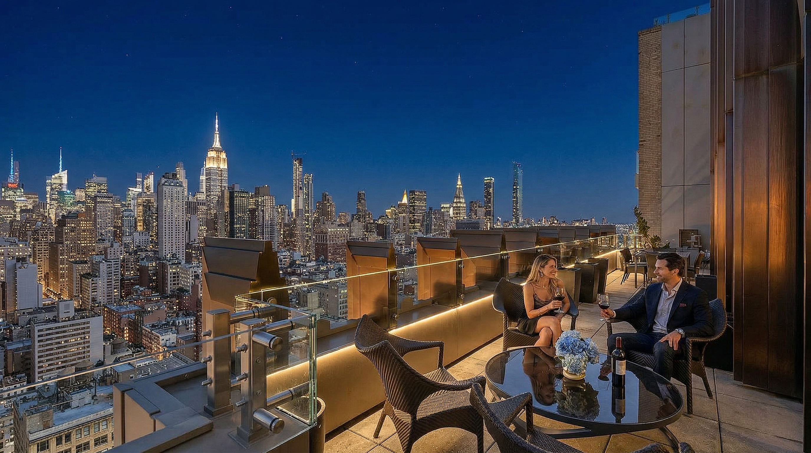 This stunning high-rise rooftop balcony offers a sophisticated outdoor living space featuring sleek, modern wicker furniture and a glass-topped dining table. The setting is enhanced by integrated ambient floor-level lighting and dramatic, unobstructed panoramic views of the illuminated New York City skyline. It serves as an elegant, upscale area perfect for evening relaxation and entertaining.