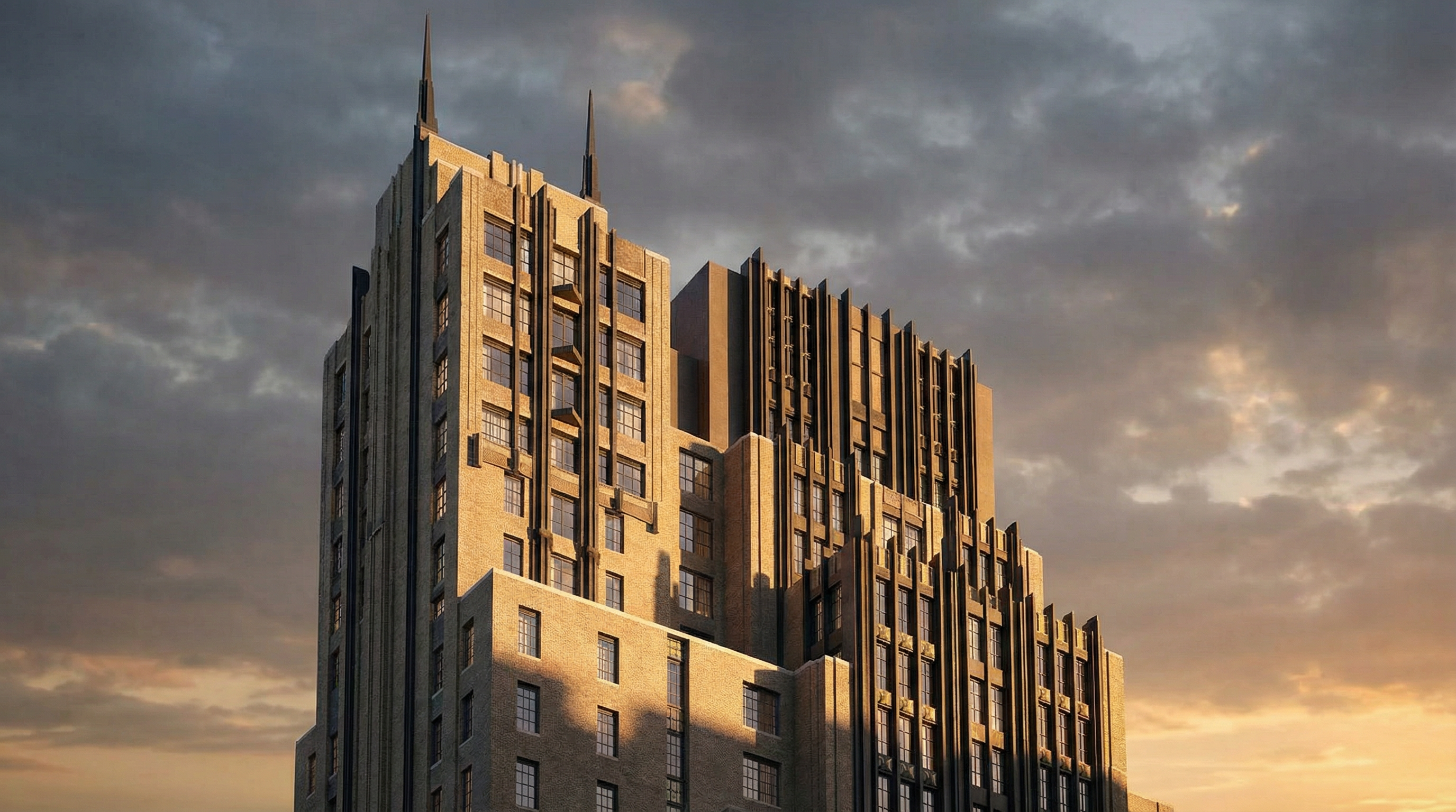 This image showcases a striking, high-rise residential building designed in a sophisticated Art Deco-inspired architectural style. The structure features a tiered, setback facade constructed from light-colored brick, accented by dark, vertical window bays and sharp, spire-like roof elements that draw the eye upward against a clear blue sky. The perspective is a low-angle, street-level view that emphasizes the building's impressive height and urban presence within a dense city environment.