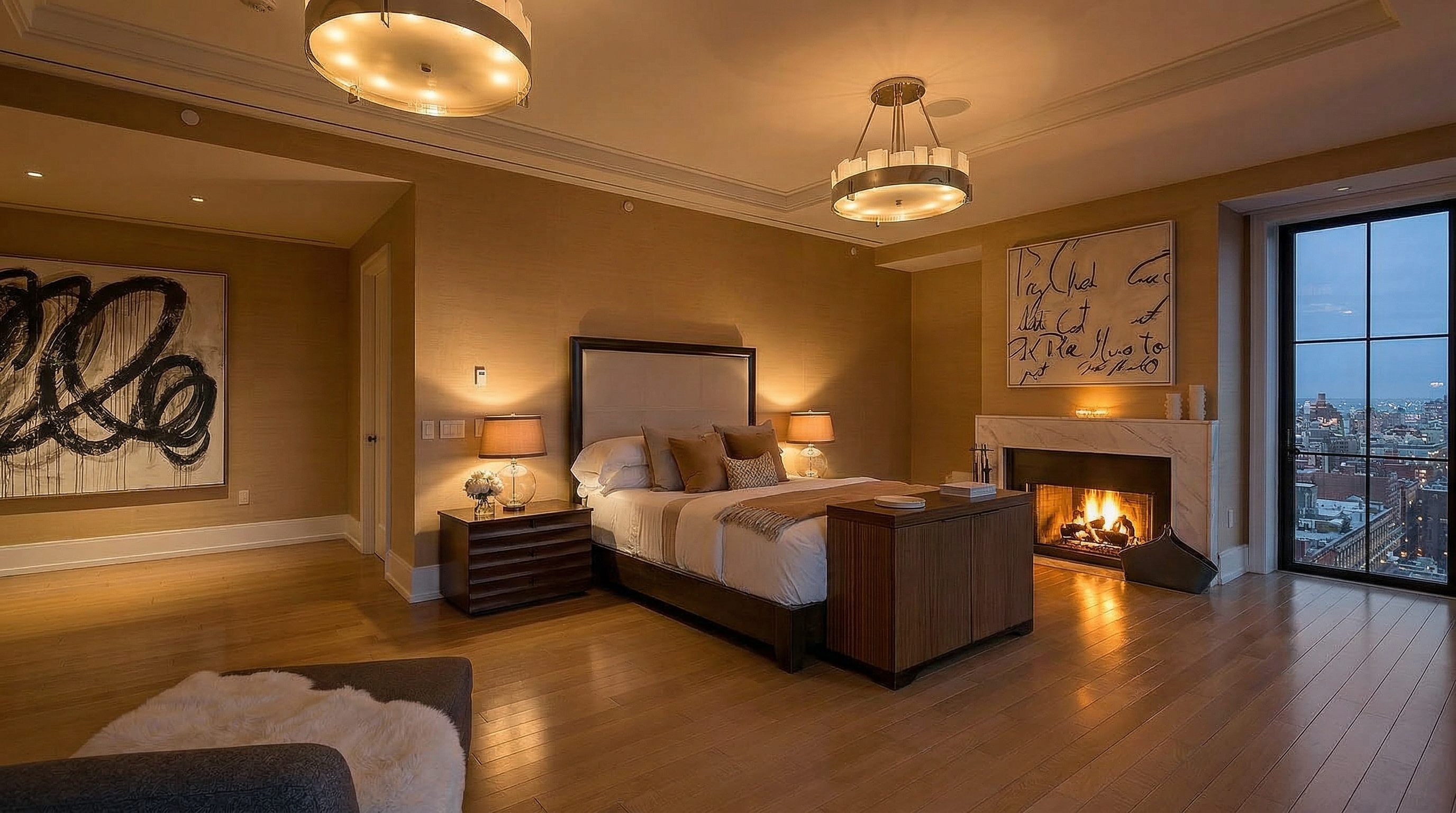 This spacious primary bedroom features a sophisticated, neutral color palette with light wood flooring and textured beige walls. The room is anchored by a large bed with a modern headboard, flanked by dark wood nightstands and elegant pendant lighting, while a fireplace with a marble surround and abstract artwork adds a touch of luxury. Large windows provide an expansive city view, creating an airy and high-end atmosphere.