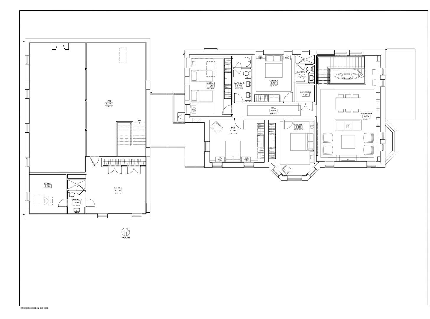 This image showcases a detailed floor plan of a multi-story house, including room layouts, dimensions, and labels for areas such as bedrooms, bathrooms, a loft, and a kids' library. The plan provides a comprehensive overview of the property's spatial arrangement and design, offering potential buyers a clear understanding of the home's structure and functionality.
