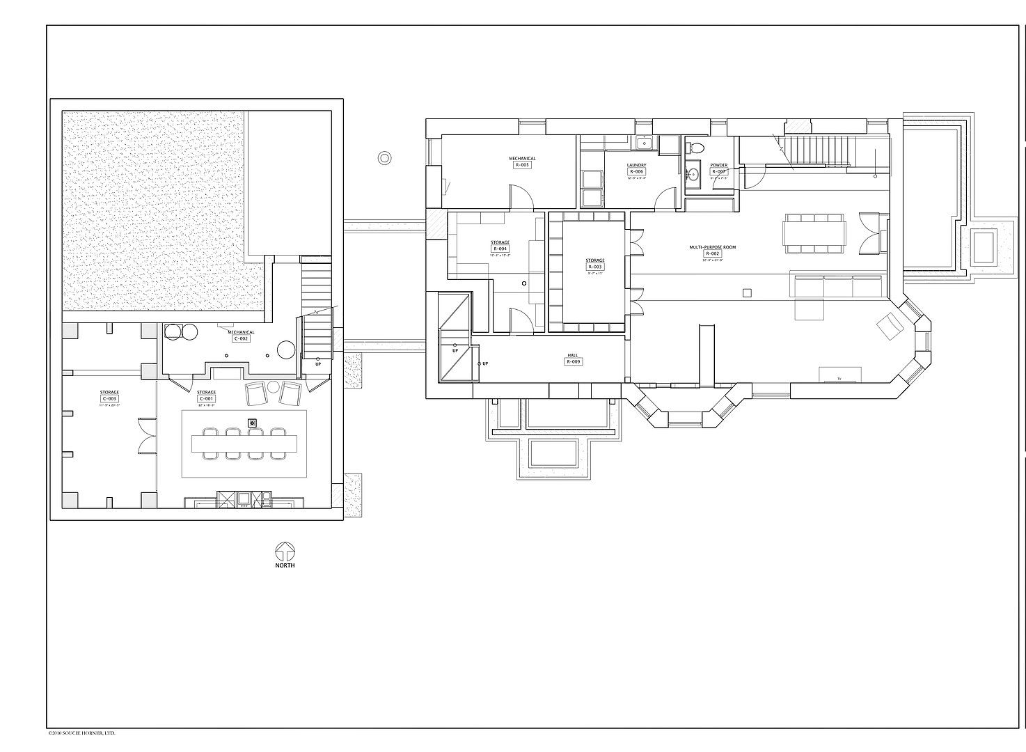 The image presents a detailed floor plan of a residence, showcasing the layout of rooms such as storage areas, a mechanical room, laundry, powder room, multi-purpose room, hall, and other spaces. The plan includes dimensions and labels for each area, providing a comprehensive overview of the building's structure and spatial arrangement.