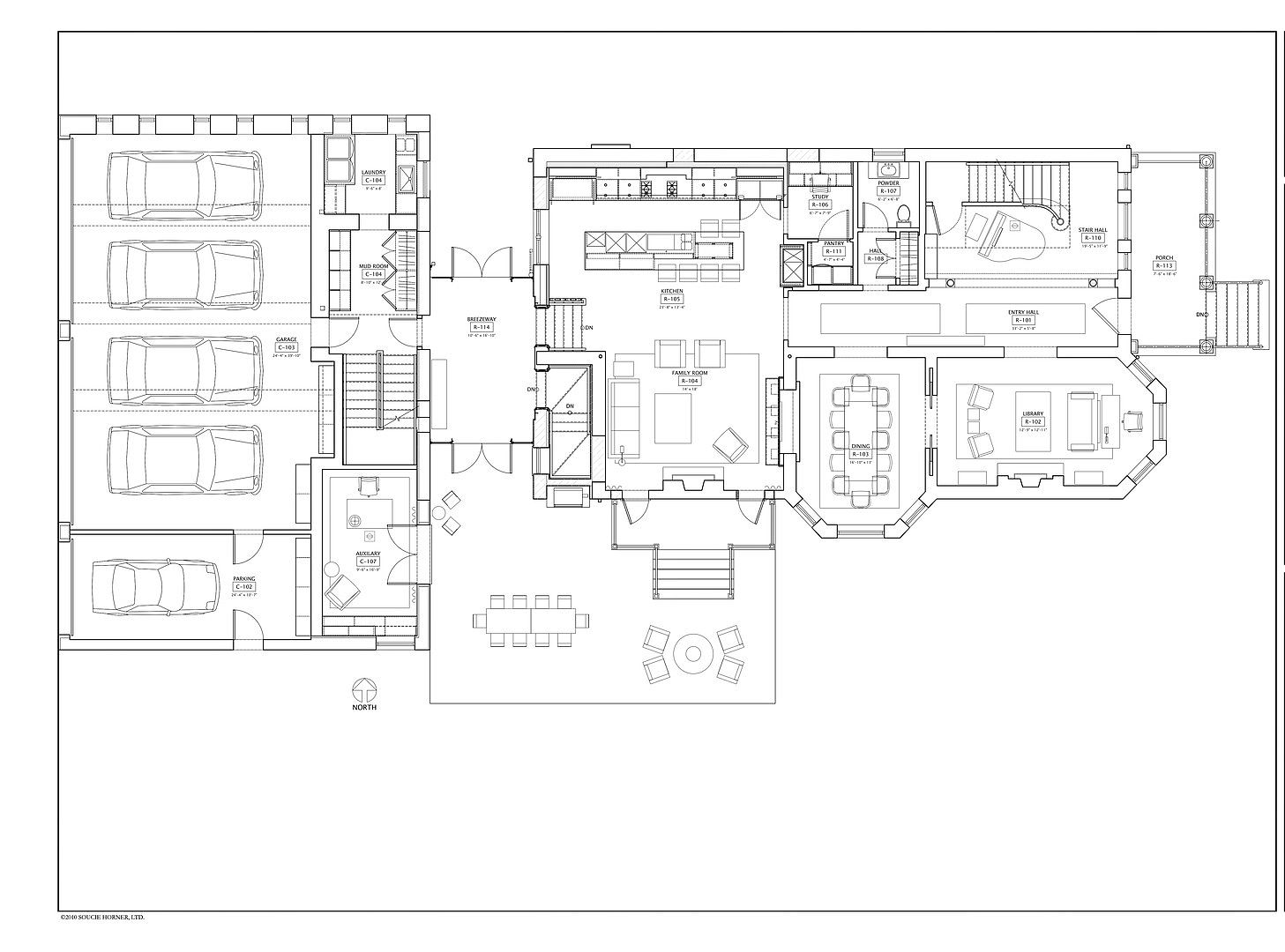 This image presents a detailed floor plan of a house, showcasing the layout of various rooms including the kitchen, family room, dining room, library, bedrooms, bathrooms, and garage. The plan provides a comprehensive overview of the property's structure and spatial arrangement, offering potential buyers a clear understanding of the home's design and flow.